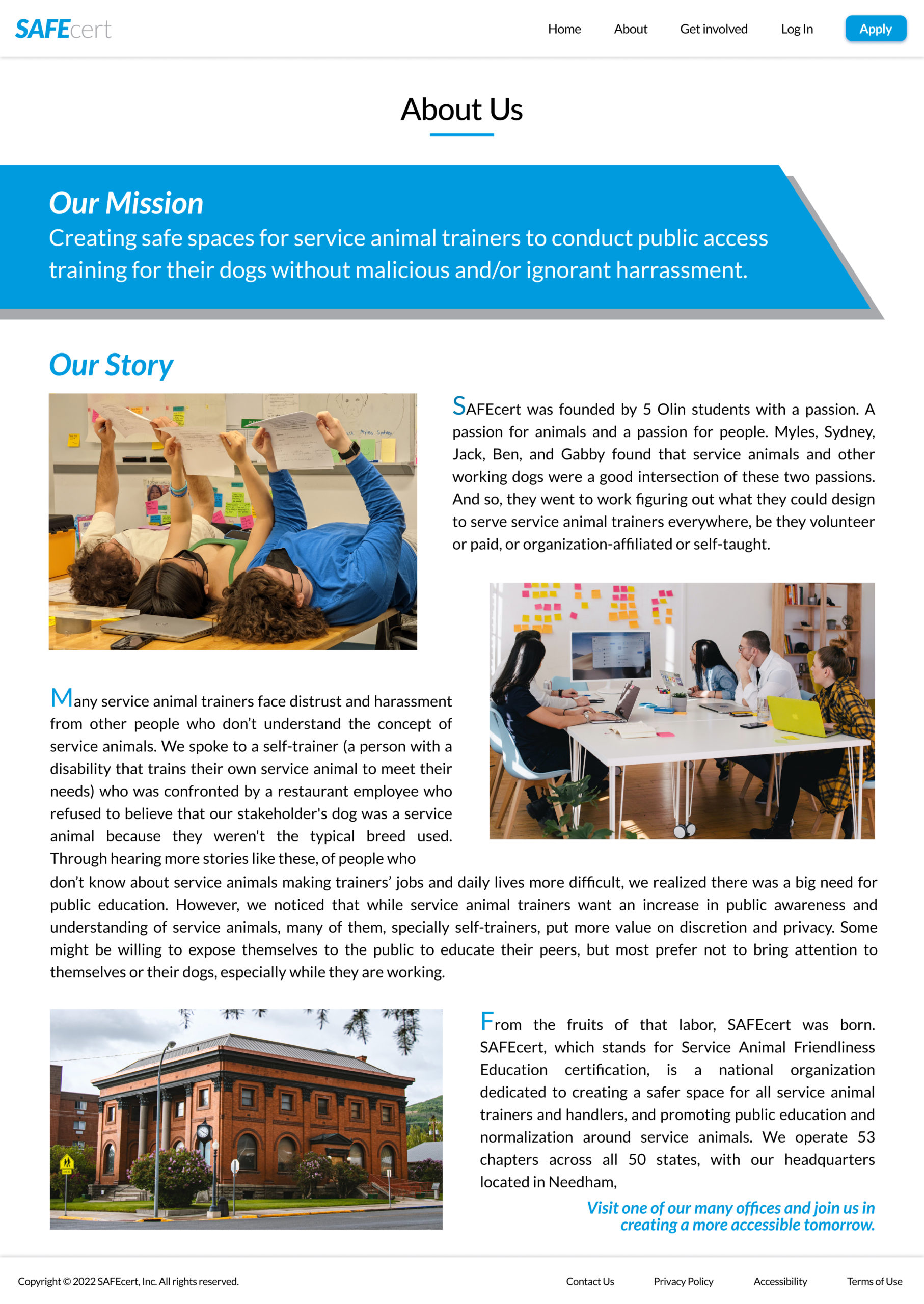 About Us page of the safecert website. Blue shape at the top with white mission statement, Text explaining the story of how the organization was founded. A photo of part of the team lying on a table, stock photo of a team, and a old building with interesting architecture