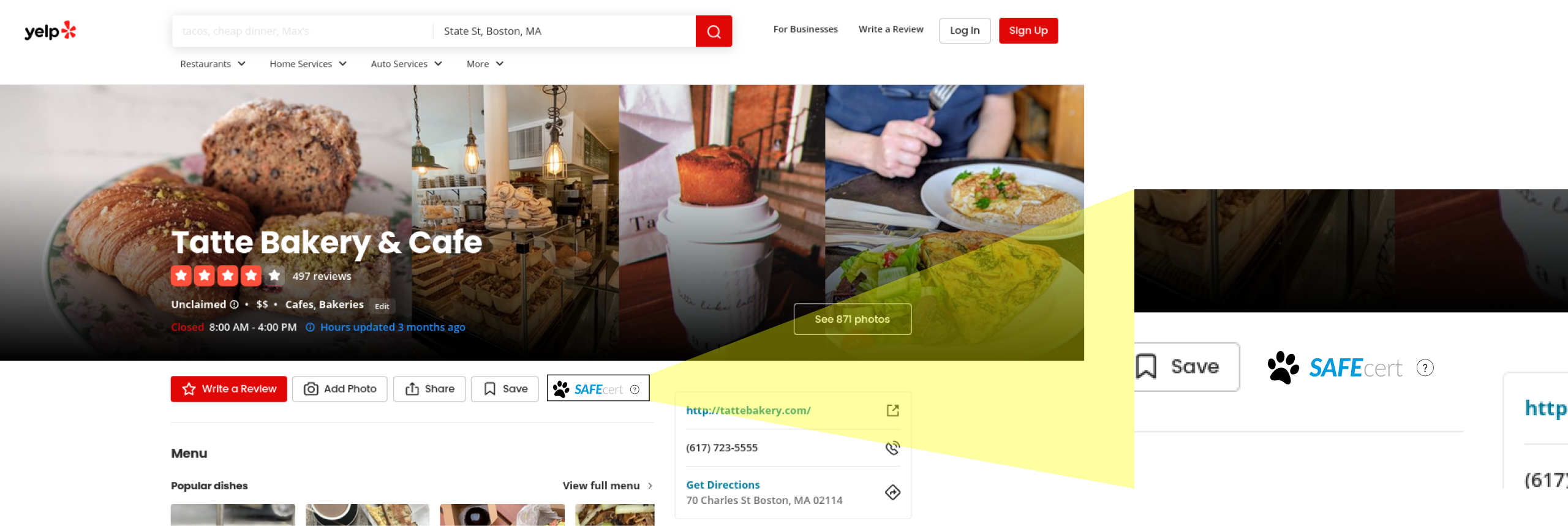 Screenshot of Yelp page for a business with fake safecert badge on it