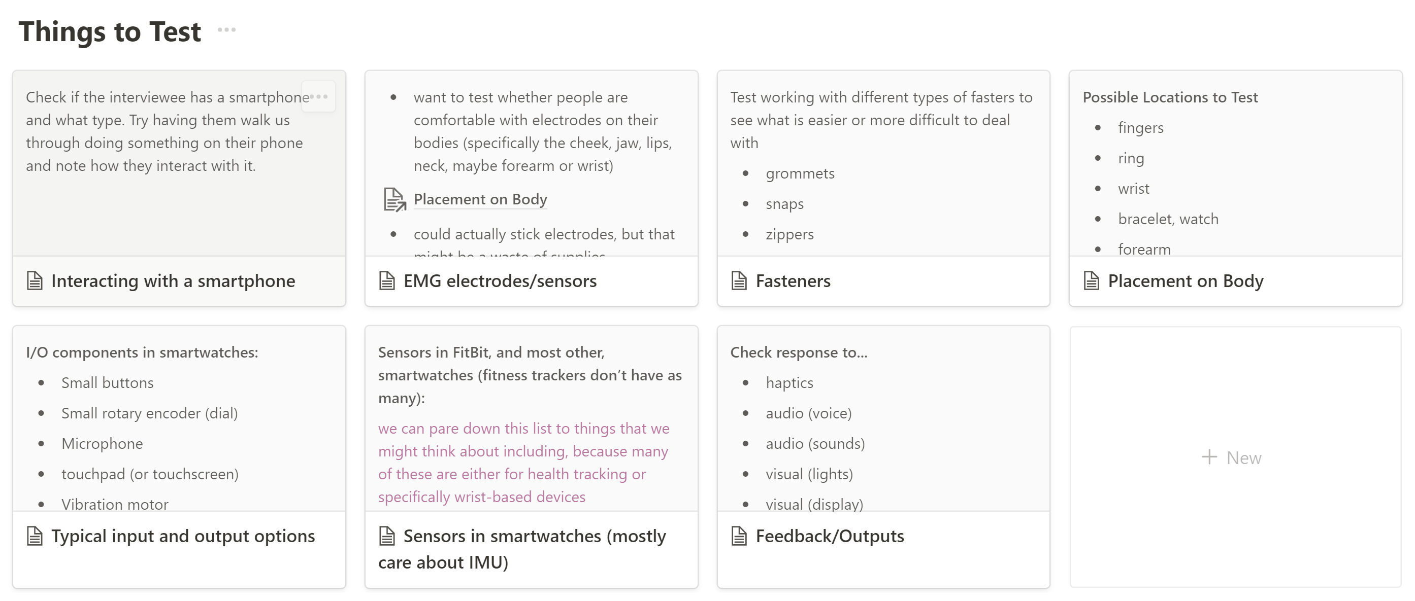 Screenshot of database of prototyping tests to try with users