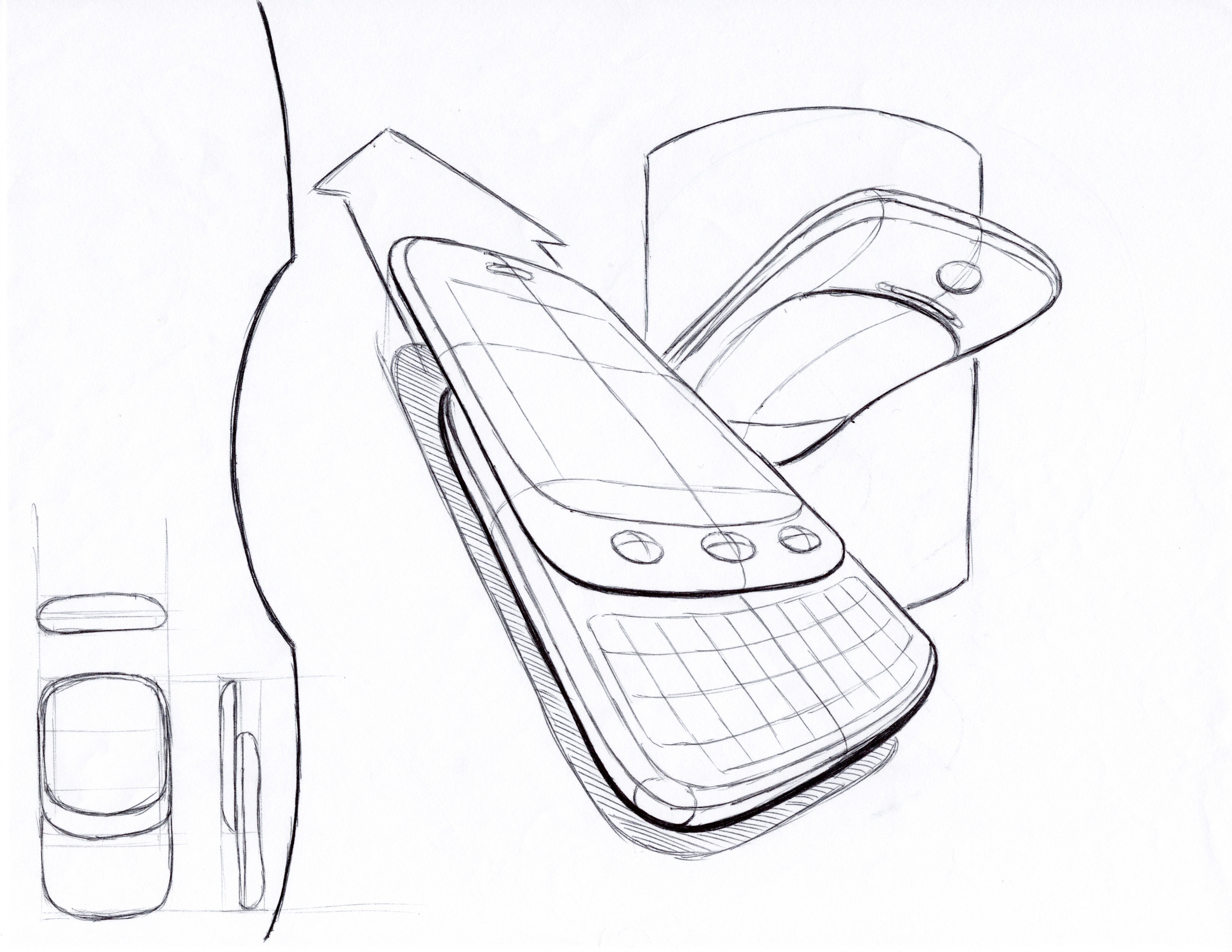 Sketches of a slider phone sliding open with a closed phone hovering above