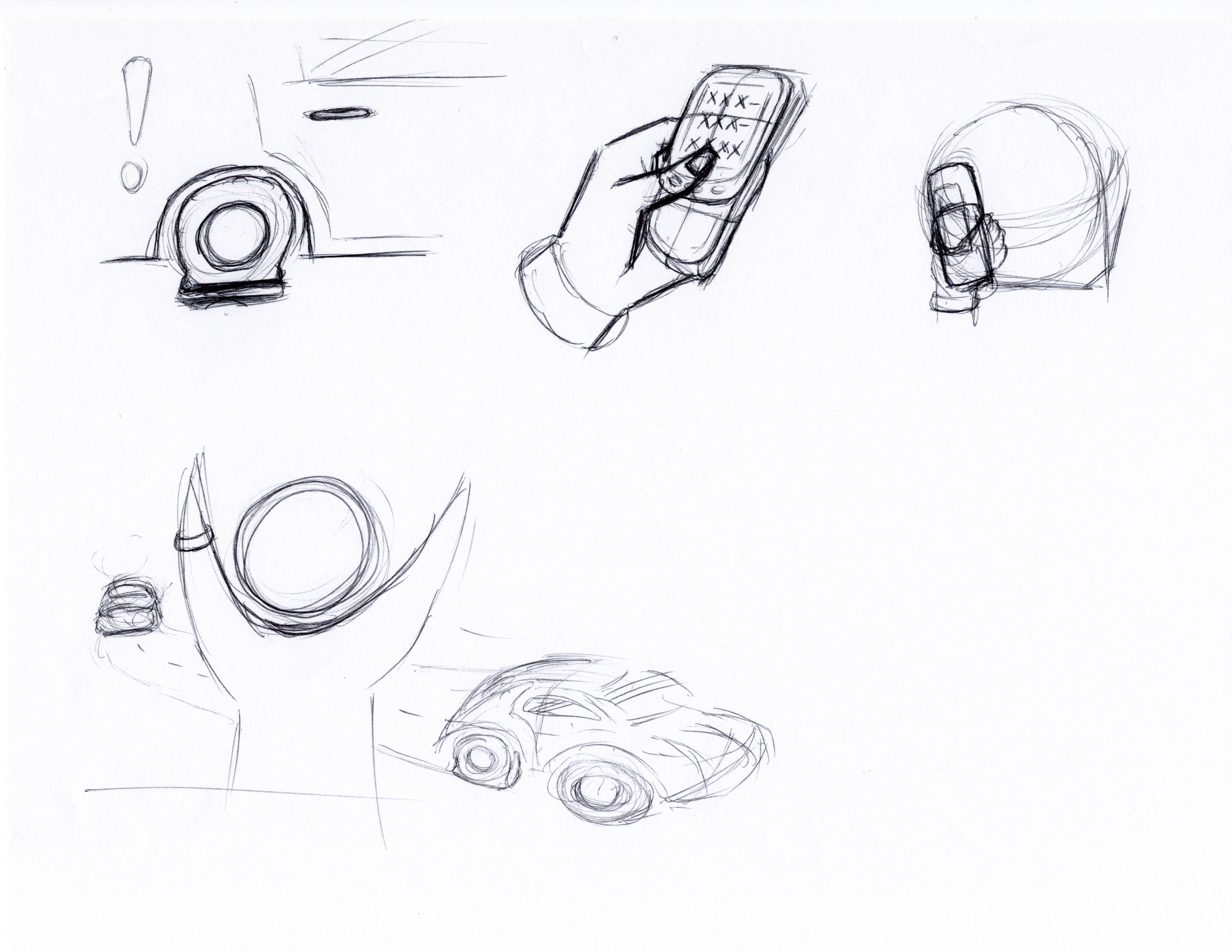 4 roughly sketched scenes making up a storyboard of a car with flat tie, using a phone to call for help, and waving as help arrives