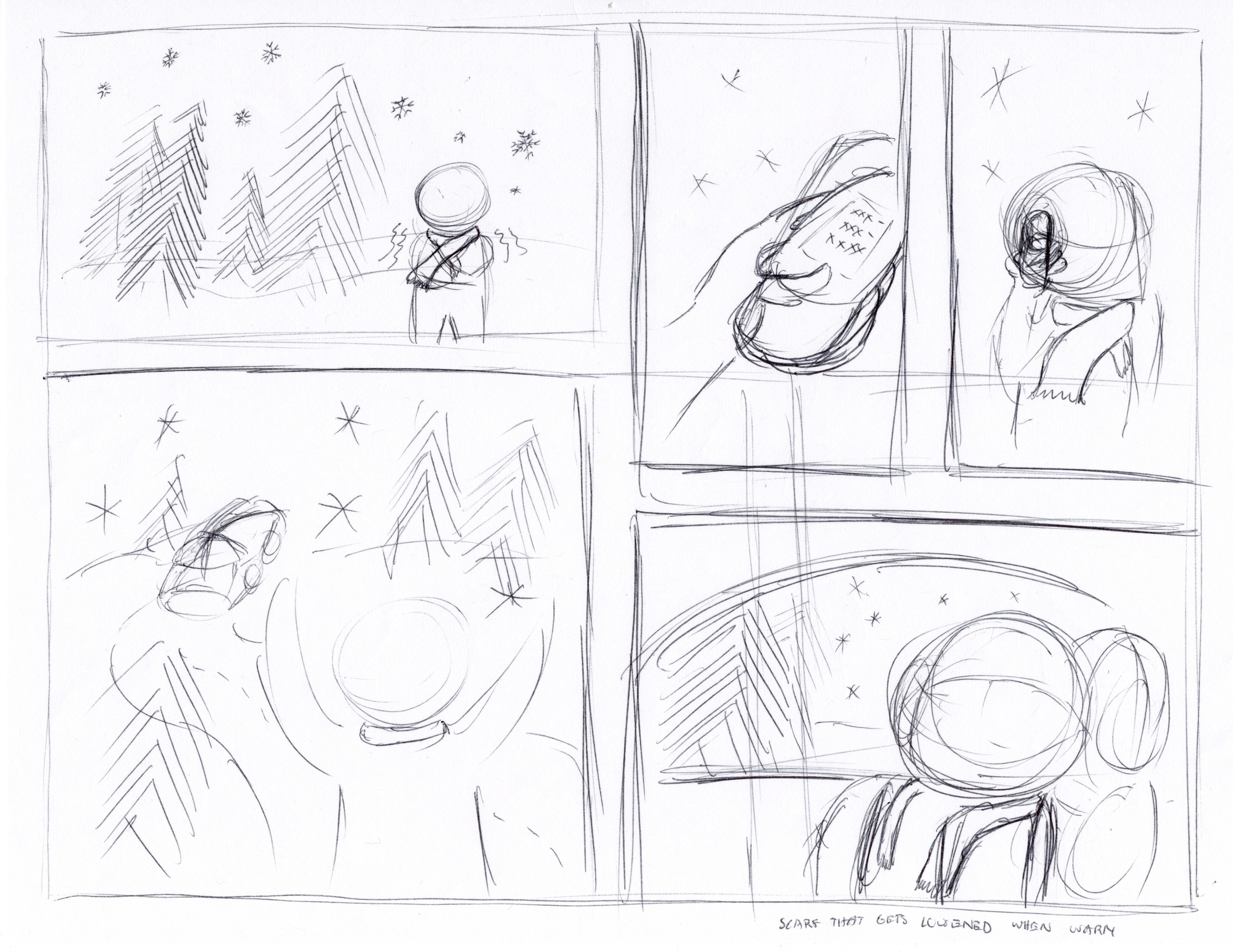 5 roughly sketched scenes making up a storyboard of a person standing outside in the snow