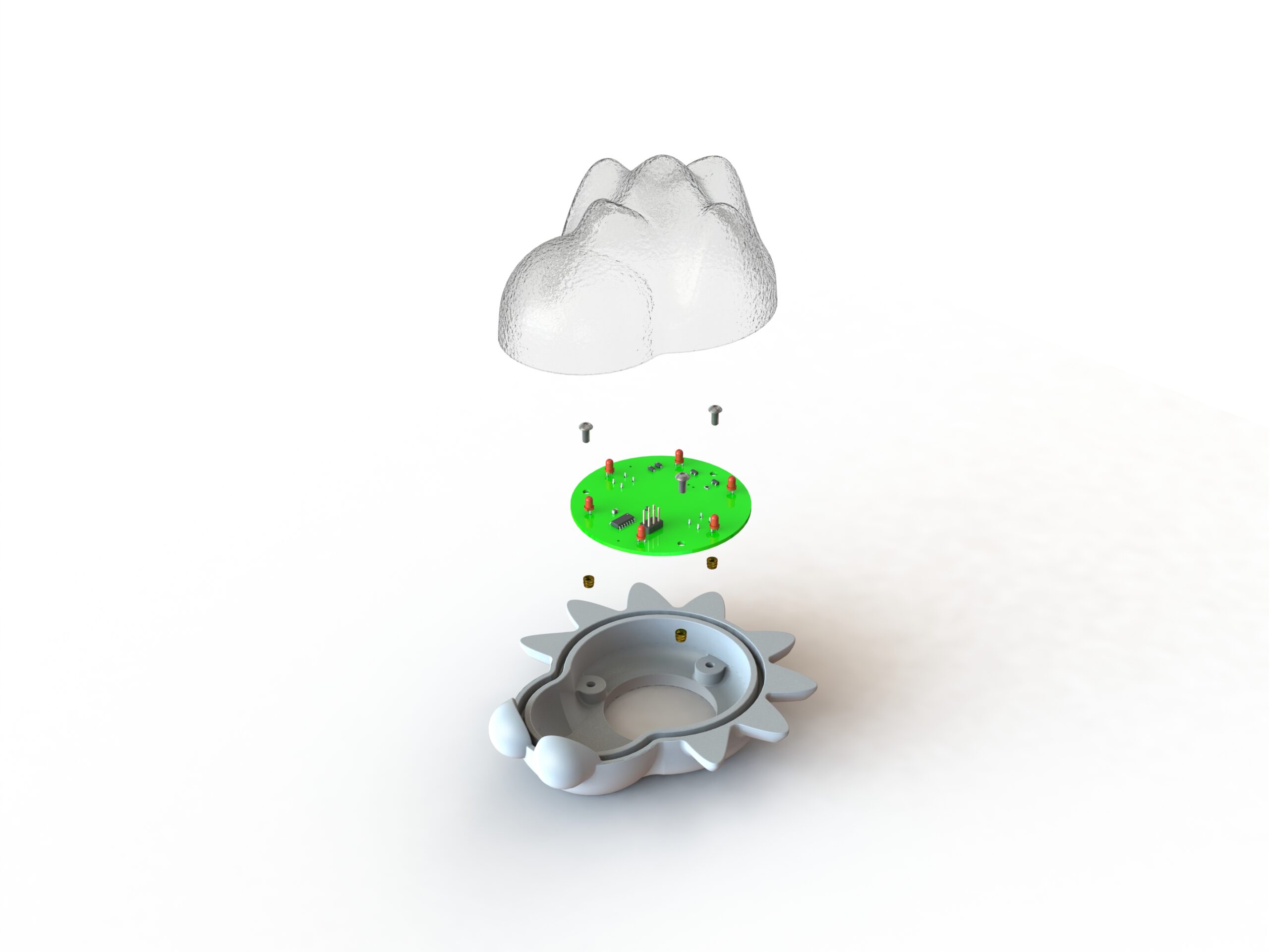 Exploded view of bug-shaped nightlight showing how the top/bottom halves and circuit board fit together