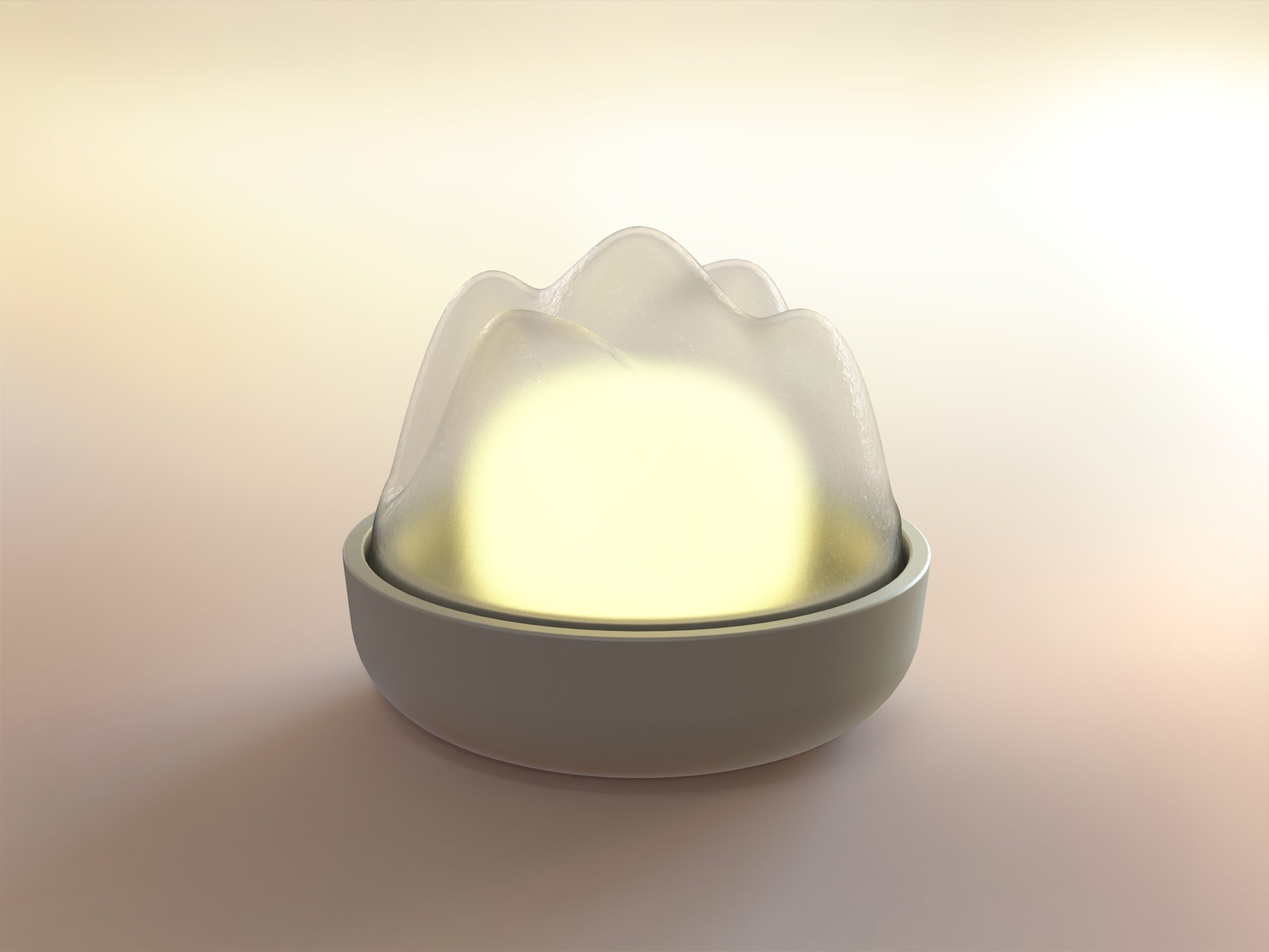 Render of a nightlight with round base and slightly spiked top. Glowing orb of light inside the light.