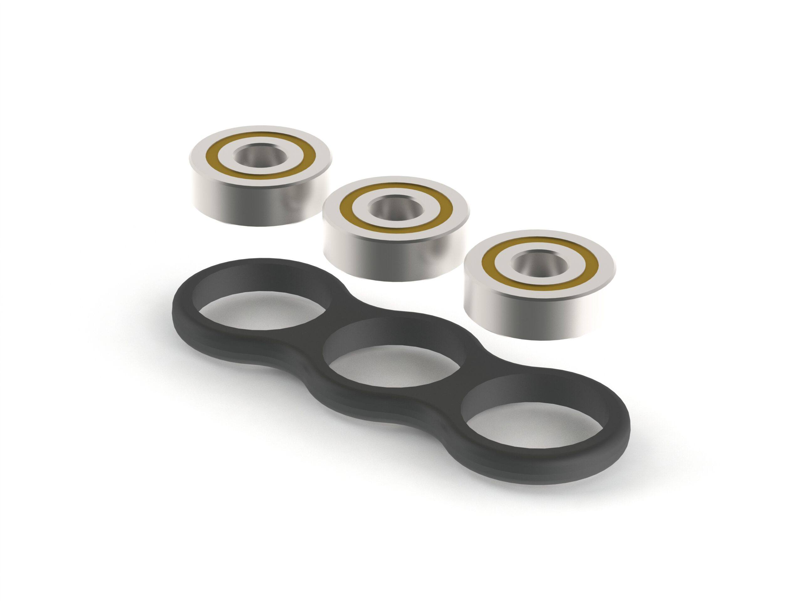 Three ball bearings hovering over plastic part with three holes, one for each bearing to fit into