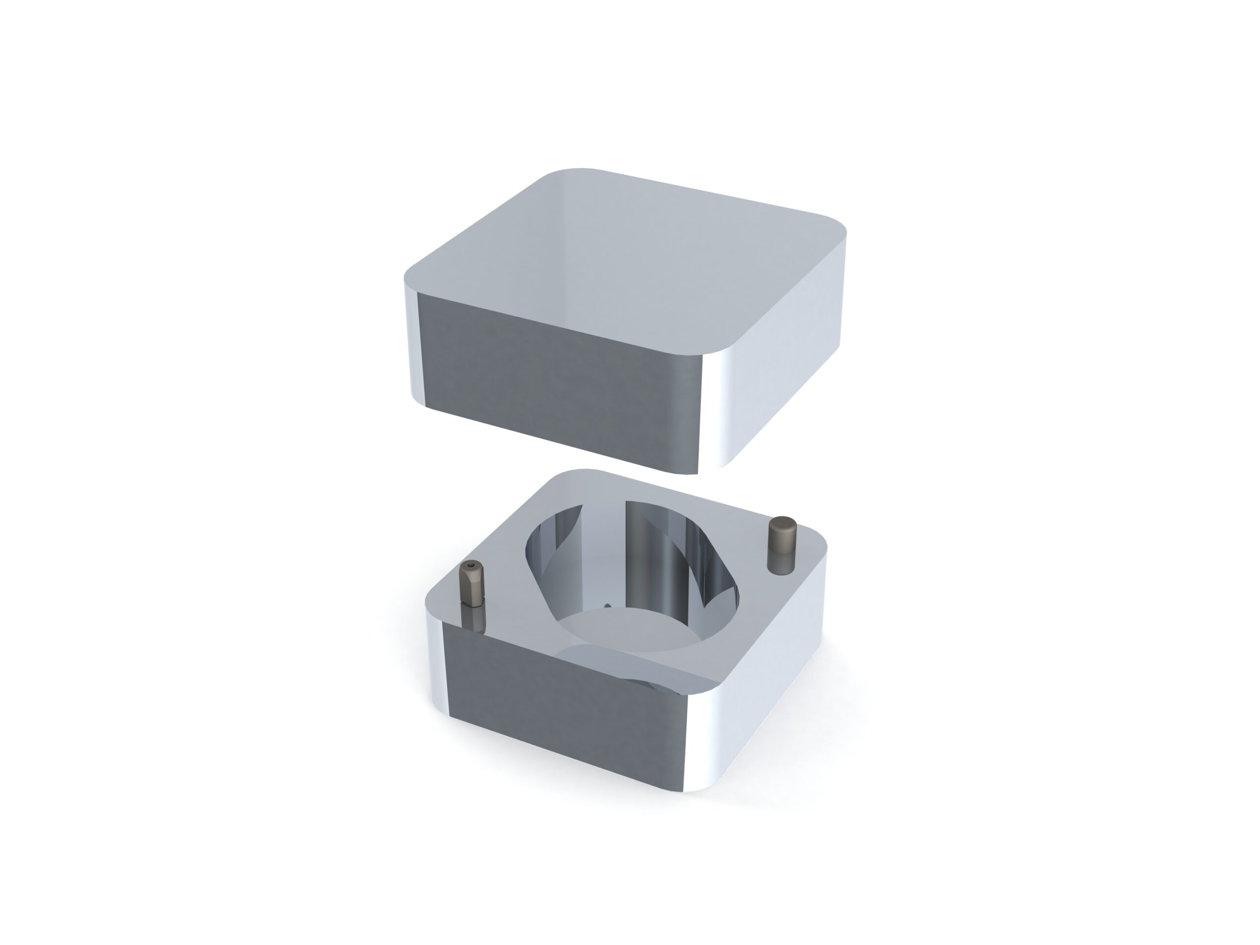 Render of rounded-edge square box with pill-shaped internal pocket made of polished aluminum