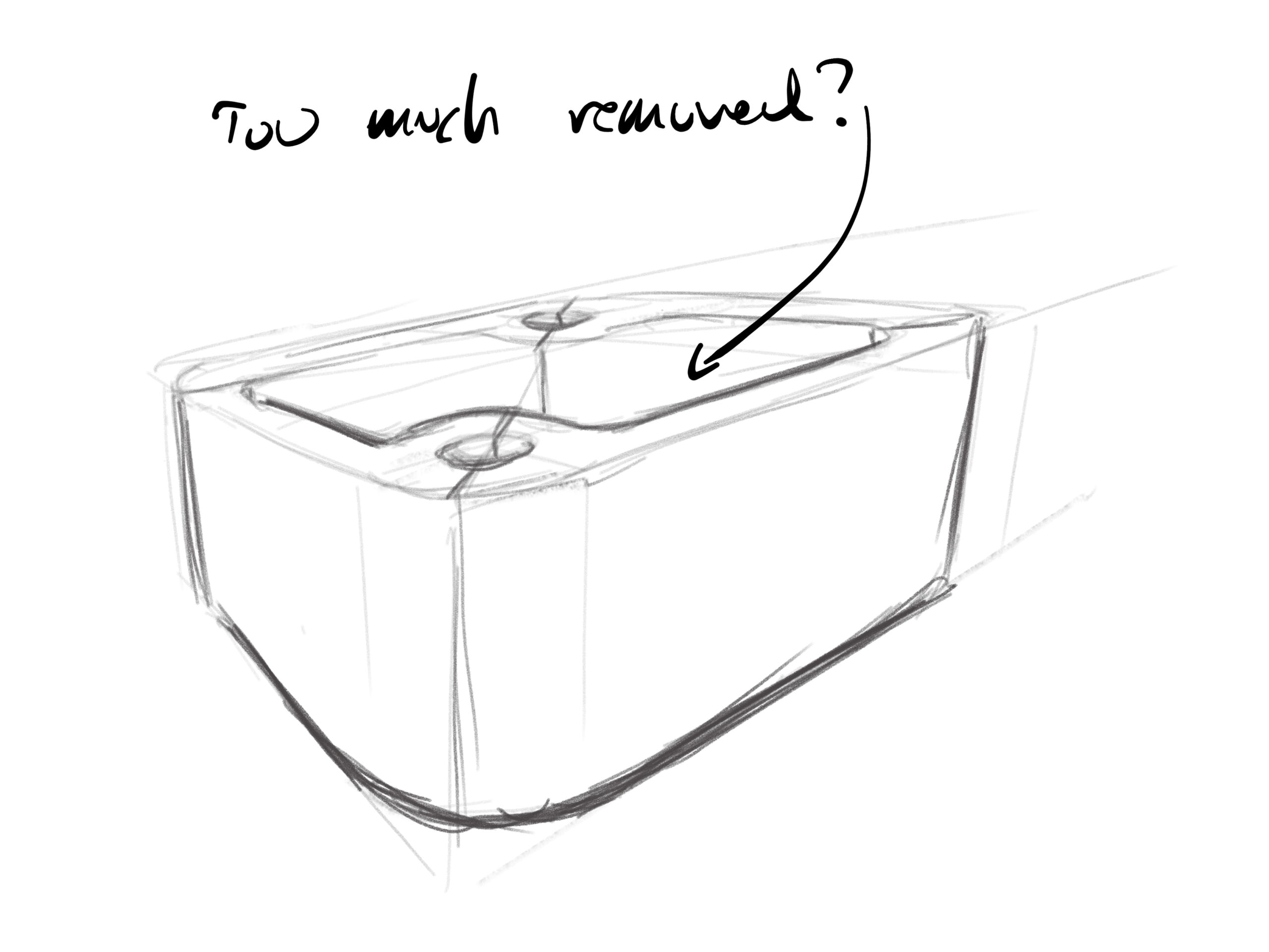 Sketch of initial concept for round-edged aluminum box with interior hollowed out except for cylinders of material for mounting holes