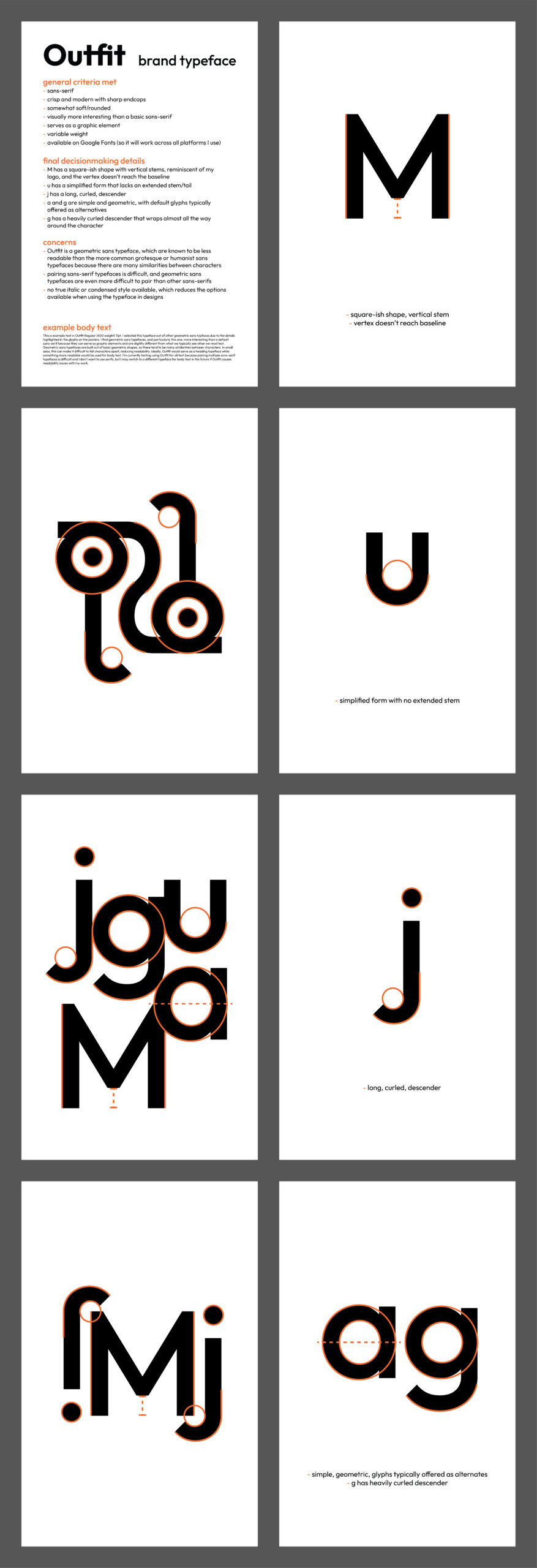 Layout of 8 posters in 2 columns of 4. First poster contains an explanations of typeface criteria and the rest are black lettering with orange outlines accentuating the shape of each character.