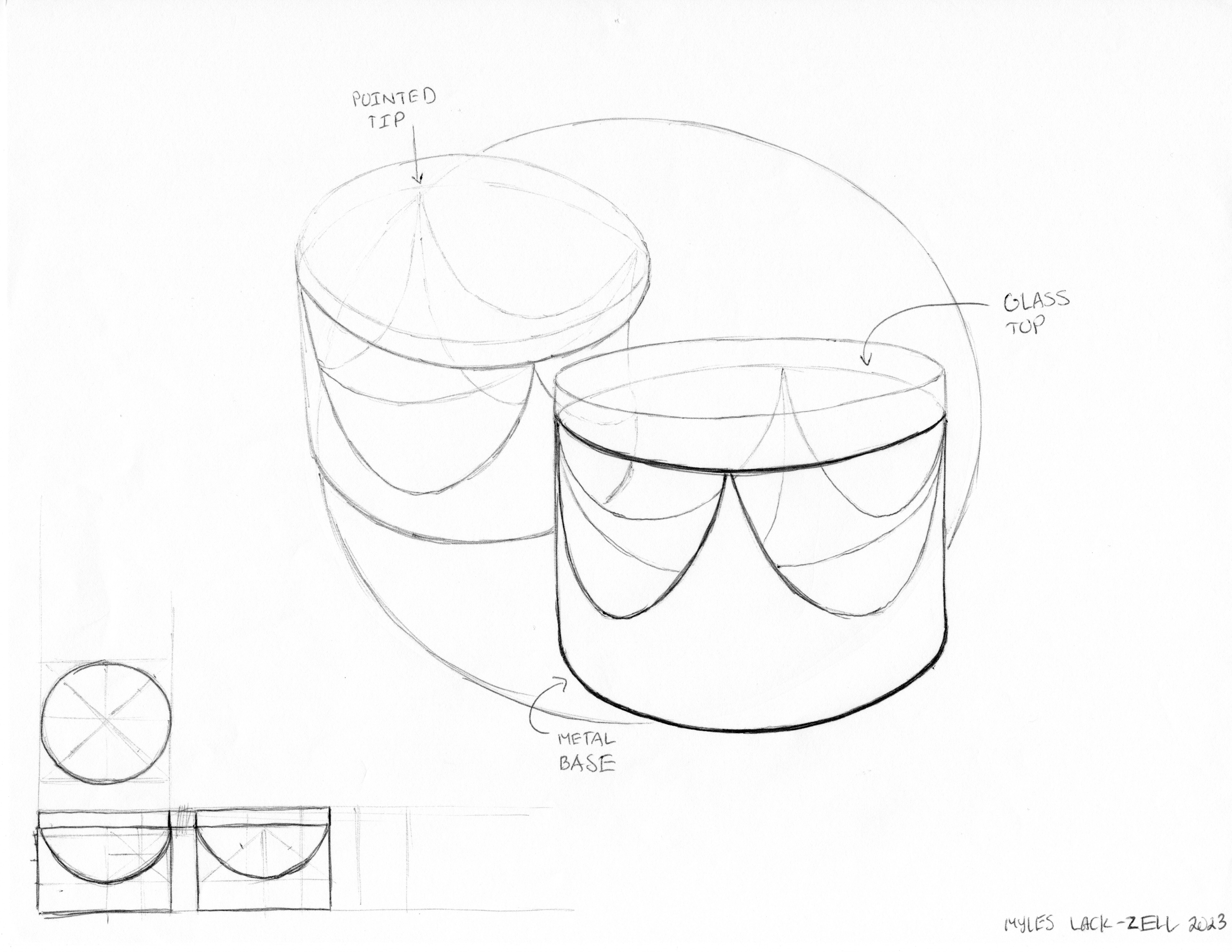 2 Drawings of a cylindrical table with 4 points holding up a clear top. Drawings slightly overlap with a round background vignette. Front, side, and top view sketches on bottom left corner