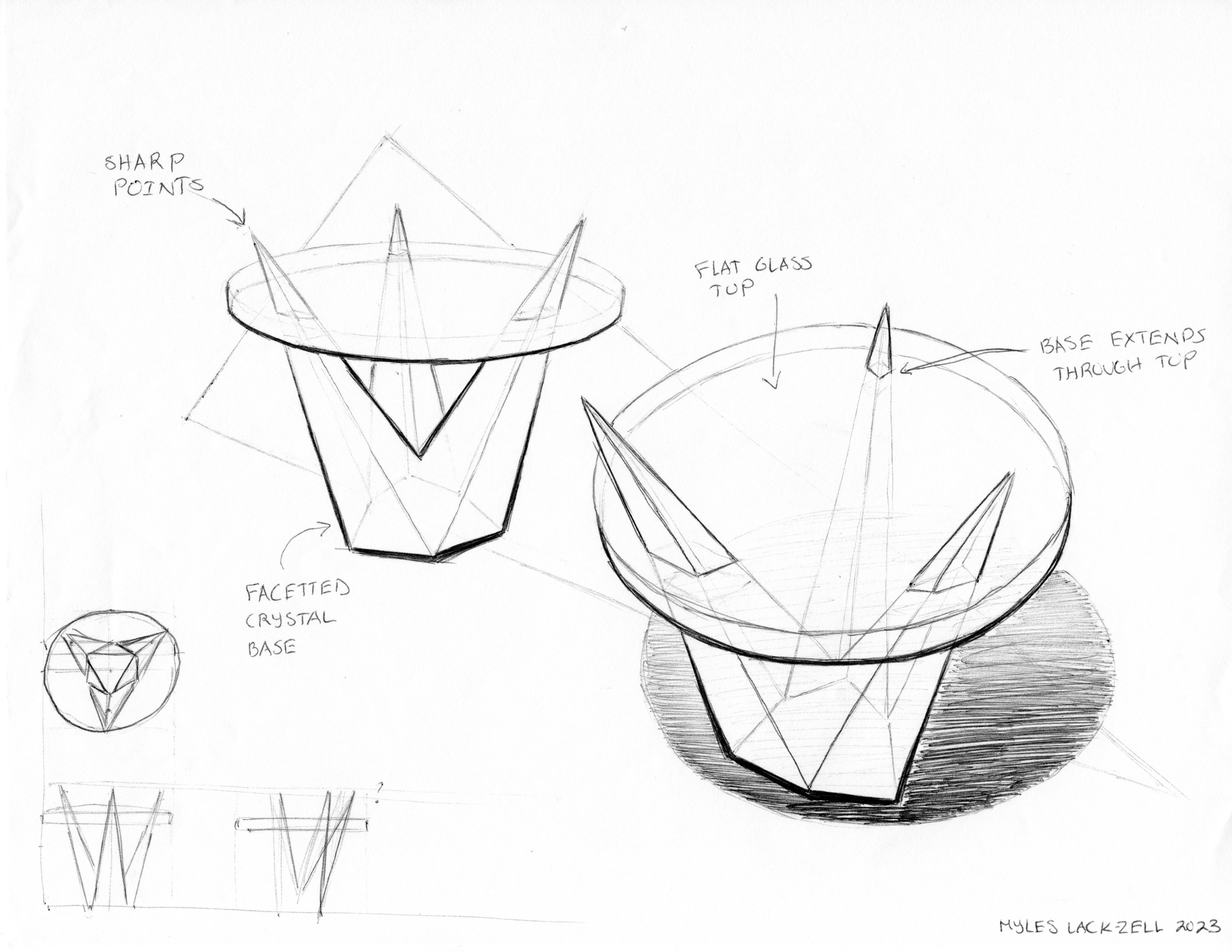 2 Drawings of table made up of 3 clear 'shard's pointing away from each other at an angle and poking through a clear round tabletop. Drawings overlap a triangular background vignette pointing to the bottom right of the page. Front, side, and top view sketches on bottom left corner