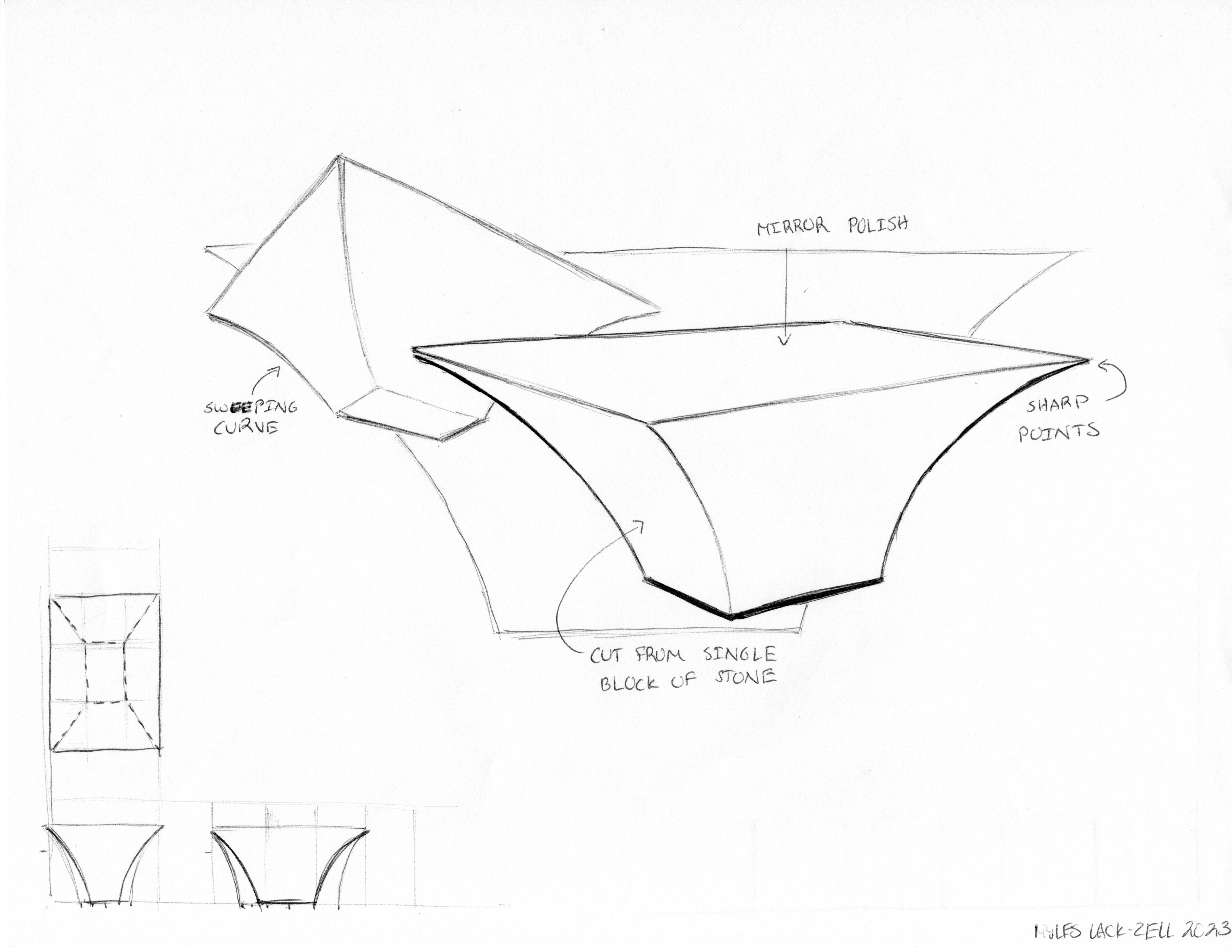 2 Drawings of a table with a rectangular top and edges that curve inward to form a smaller rectangular base. Drawings slightly overlap with background vignette with the profile of the table. Front, side, and top view sketches on bottom left corner