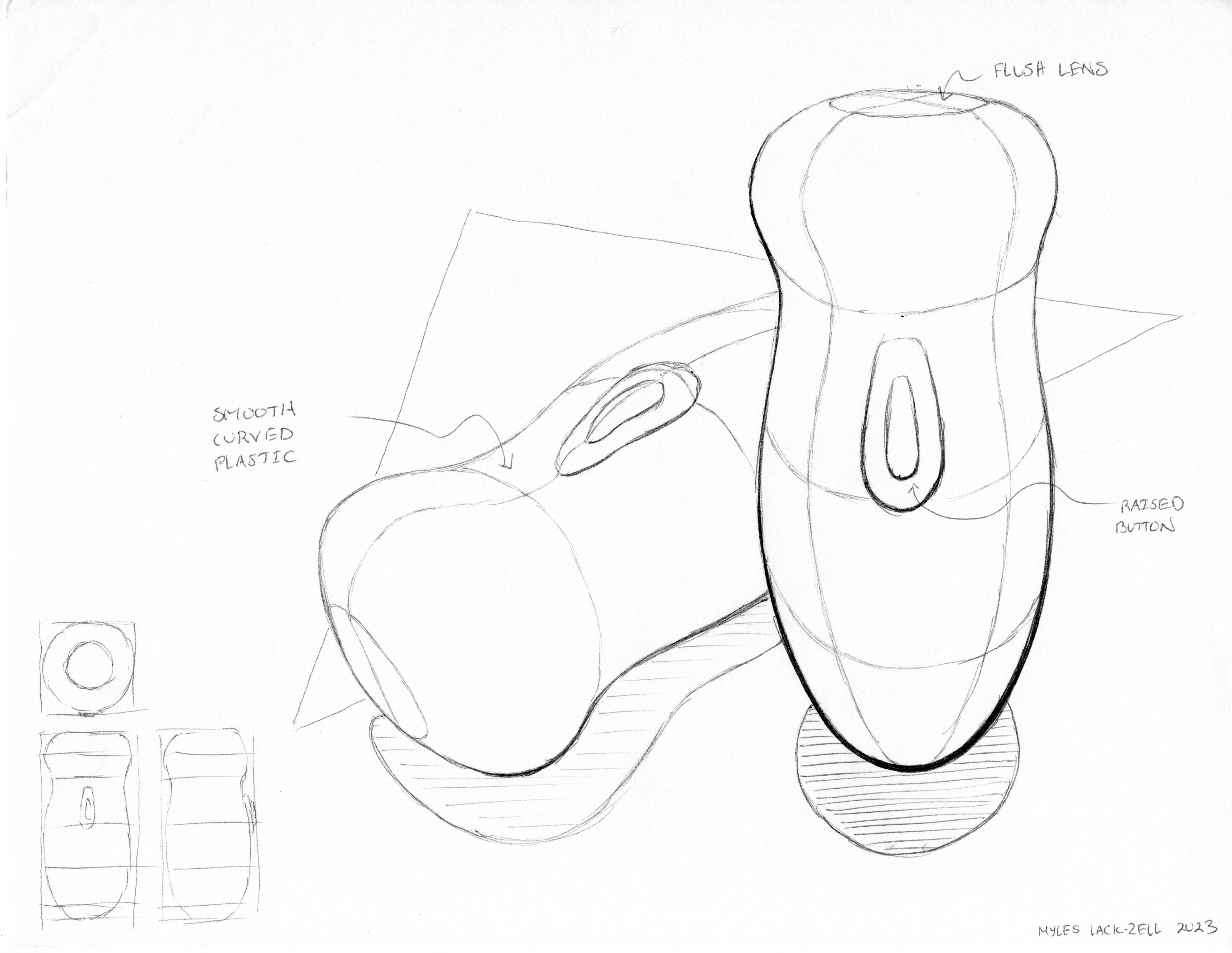 2 Drawings of a rounded over flashlight with a power button in the middle of the handle. Drawings have shadows under them and slightly overlap with a triangular background vignette. Front, side, and top view sketches on bottom left corner