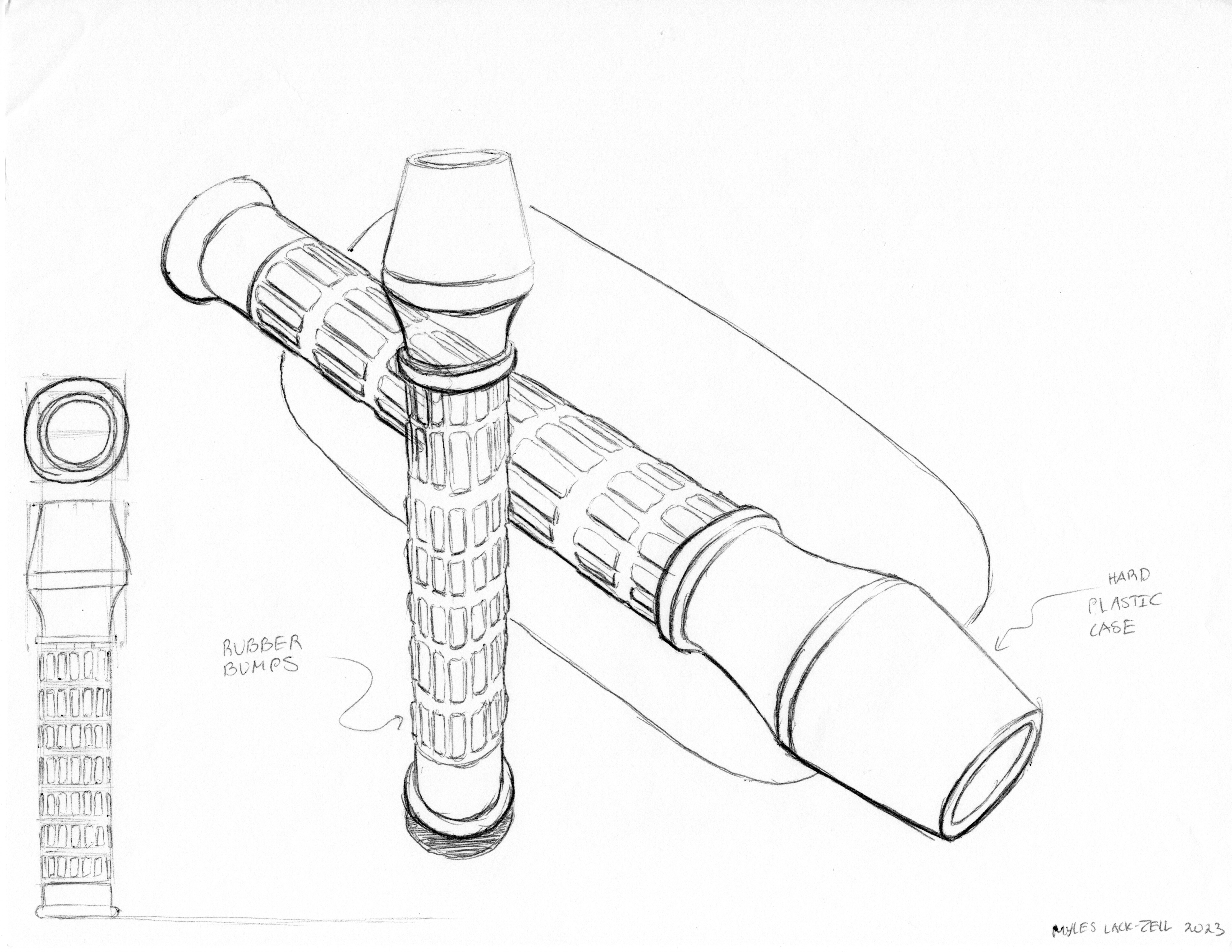 2 Drawings of a tubular flashlight with many rectangular grips on the handle. Drawings have slightly overlap with a rounded rectangle background vignette. Front, and top view sketches on bottom left corner