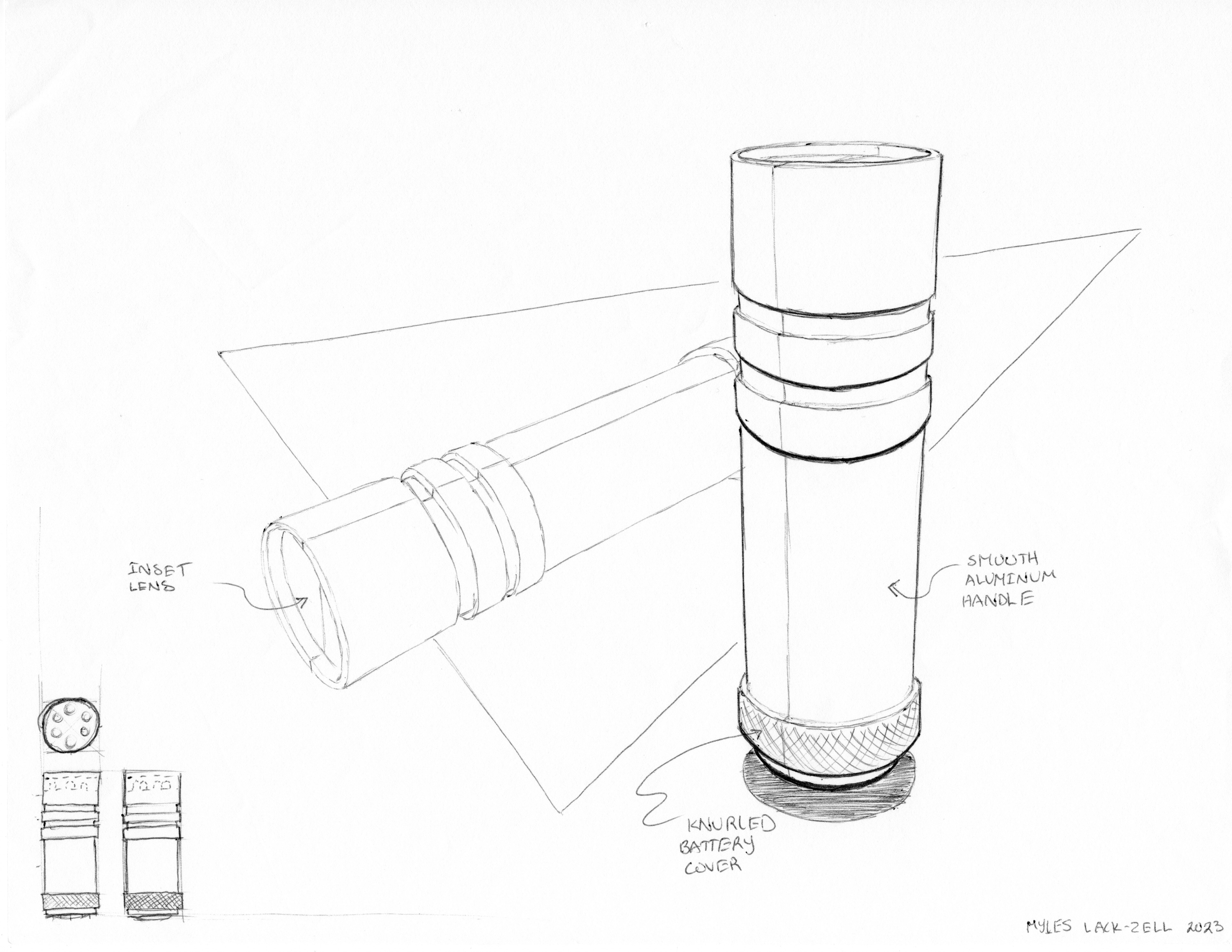 2 Drawings of a cylindrical flashlight with notched grip and knurled base. Drawings have contour lines to show notches and slightly overlap with a triangular background vignette. Front, side, and top view sketches on bottom left corner