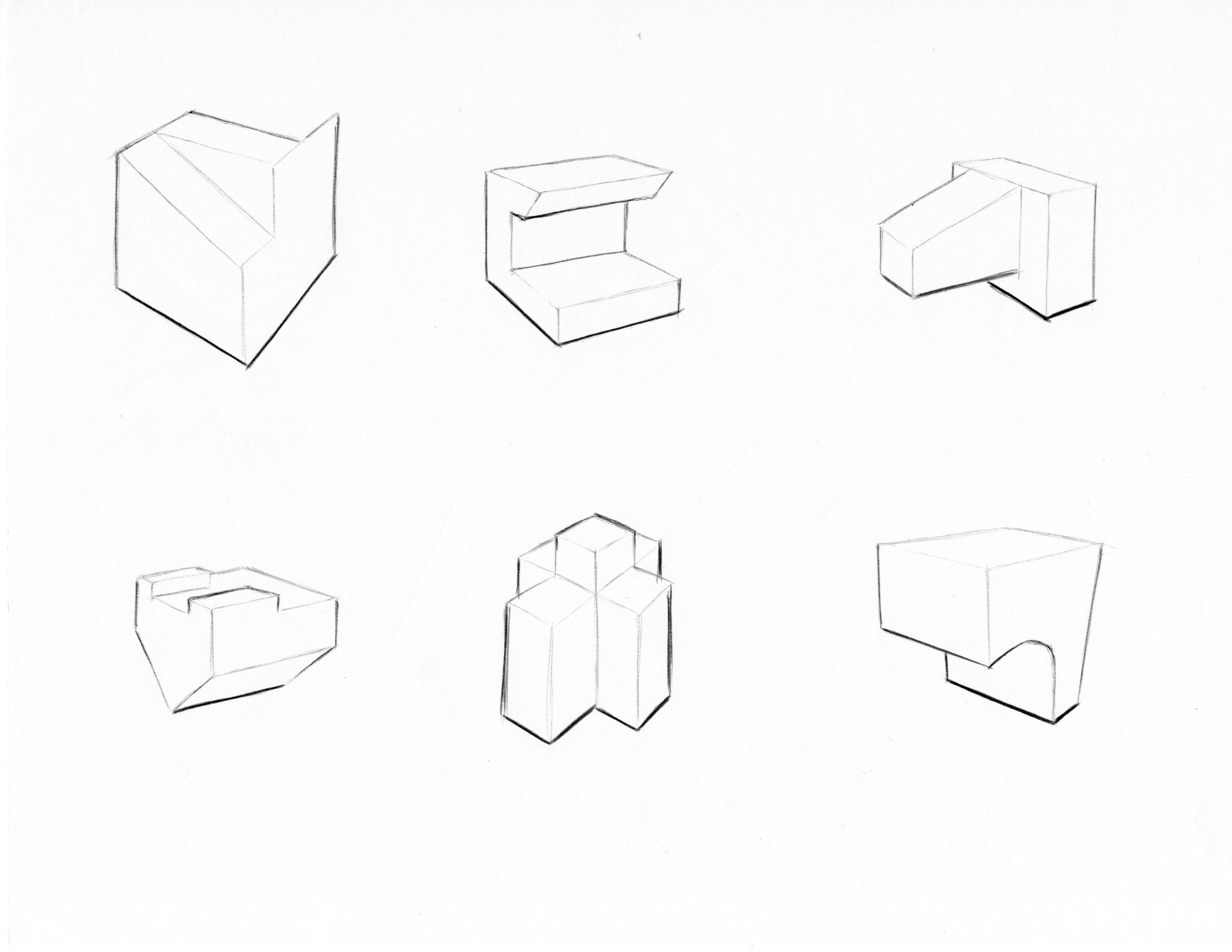 6 sketches of complex 3d shapes on a white background