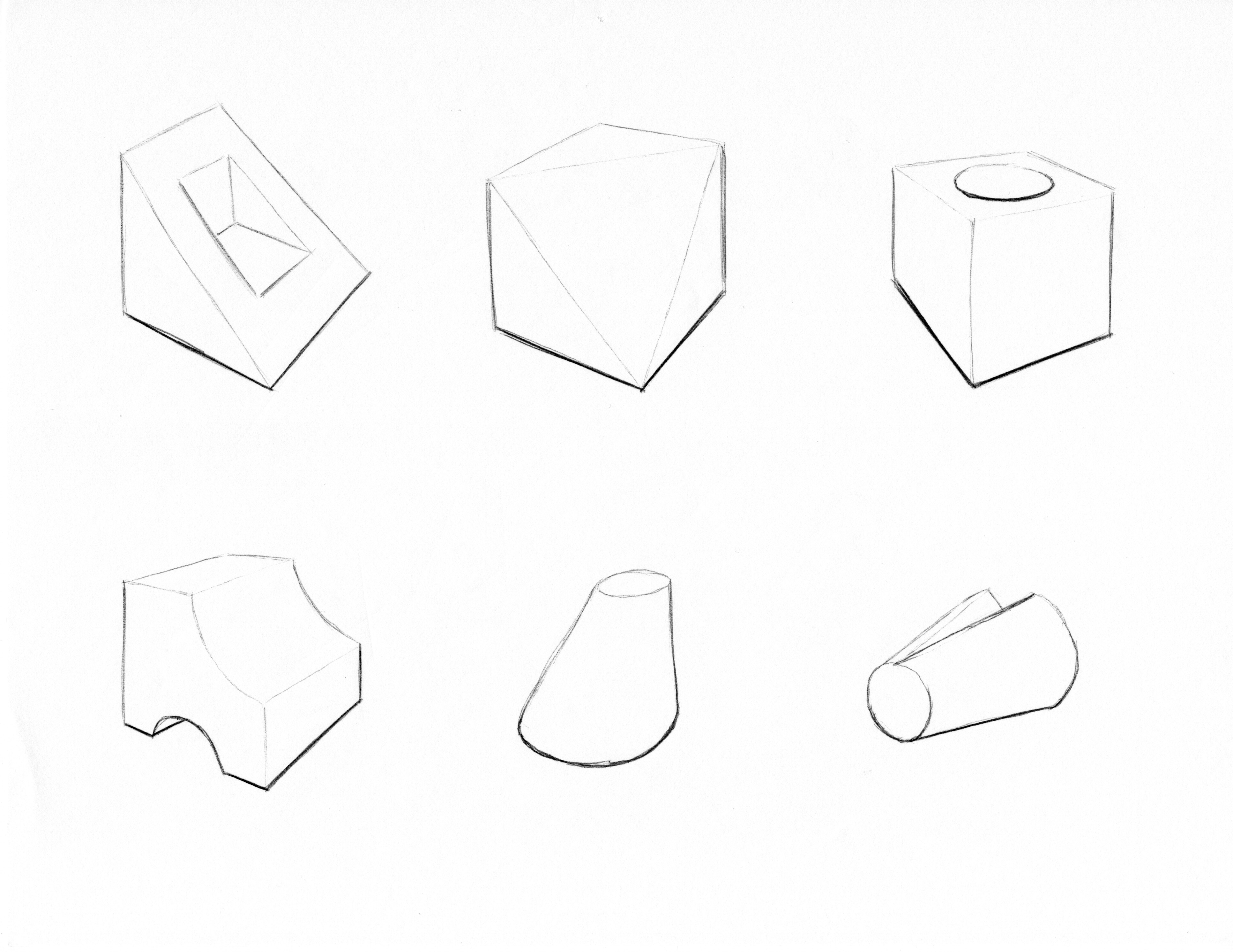 6 sketches of complex 3d shapes on a white background