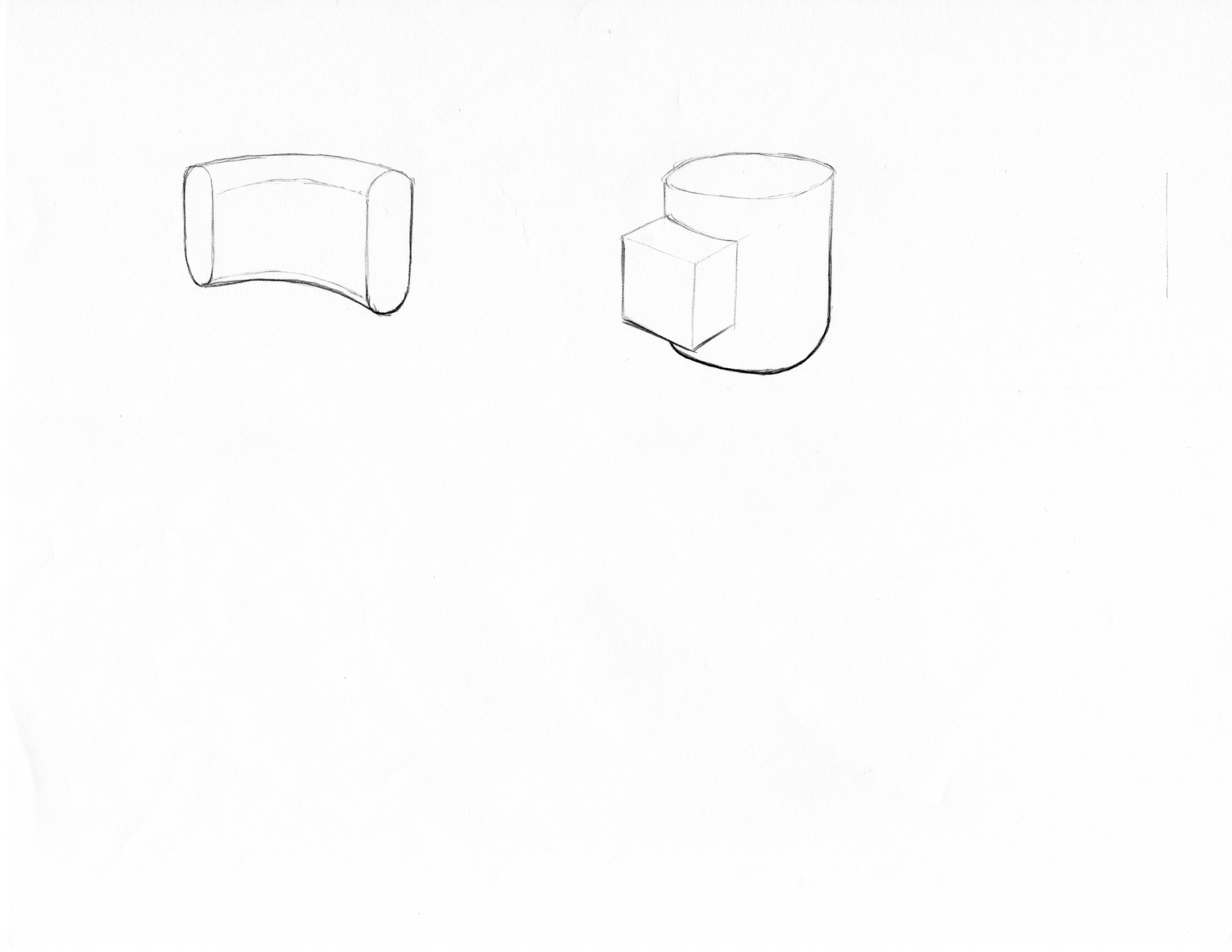 2 sketches of complex 3d shapes on a white background