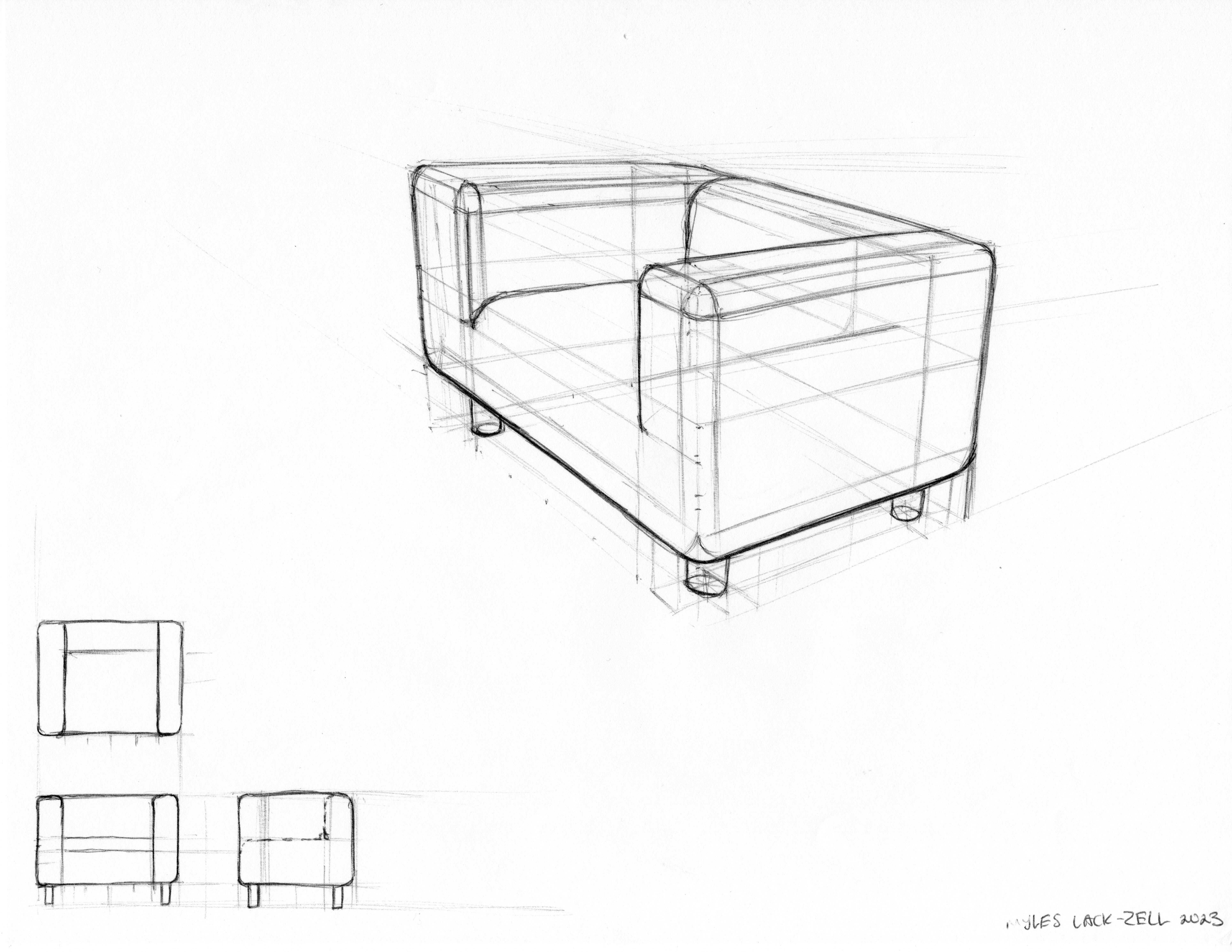 Perspective drawing of a boxy upholstered chair with rounded over edges and visible sketch lines. Front, side, and top view sketches in bottom left corner.