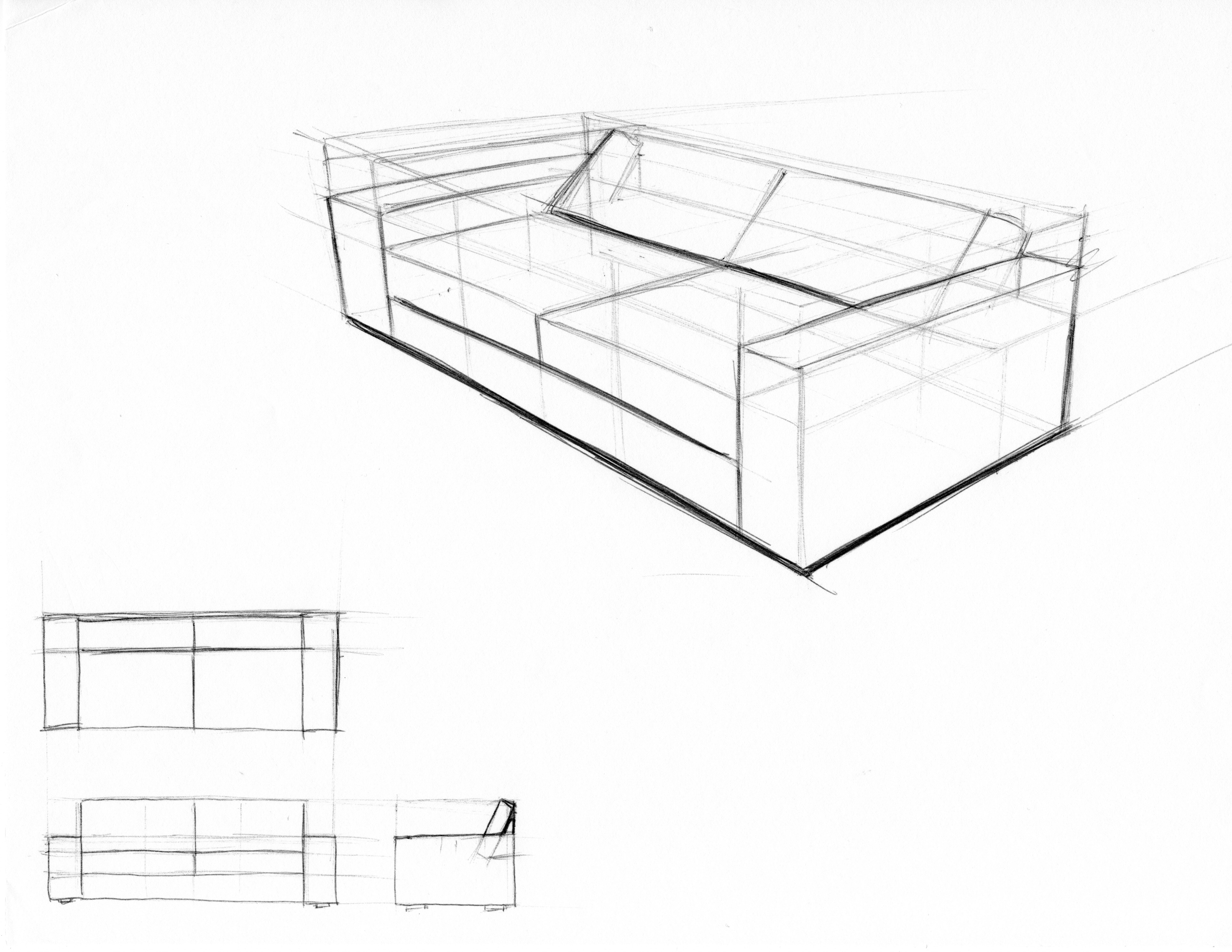 Perspective drawing of a boxy sofa with hard edges and visible sketch lines. Front, side, and top view sketches in bottom left corner.