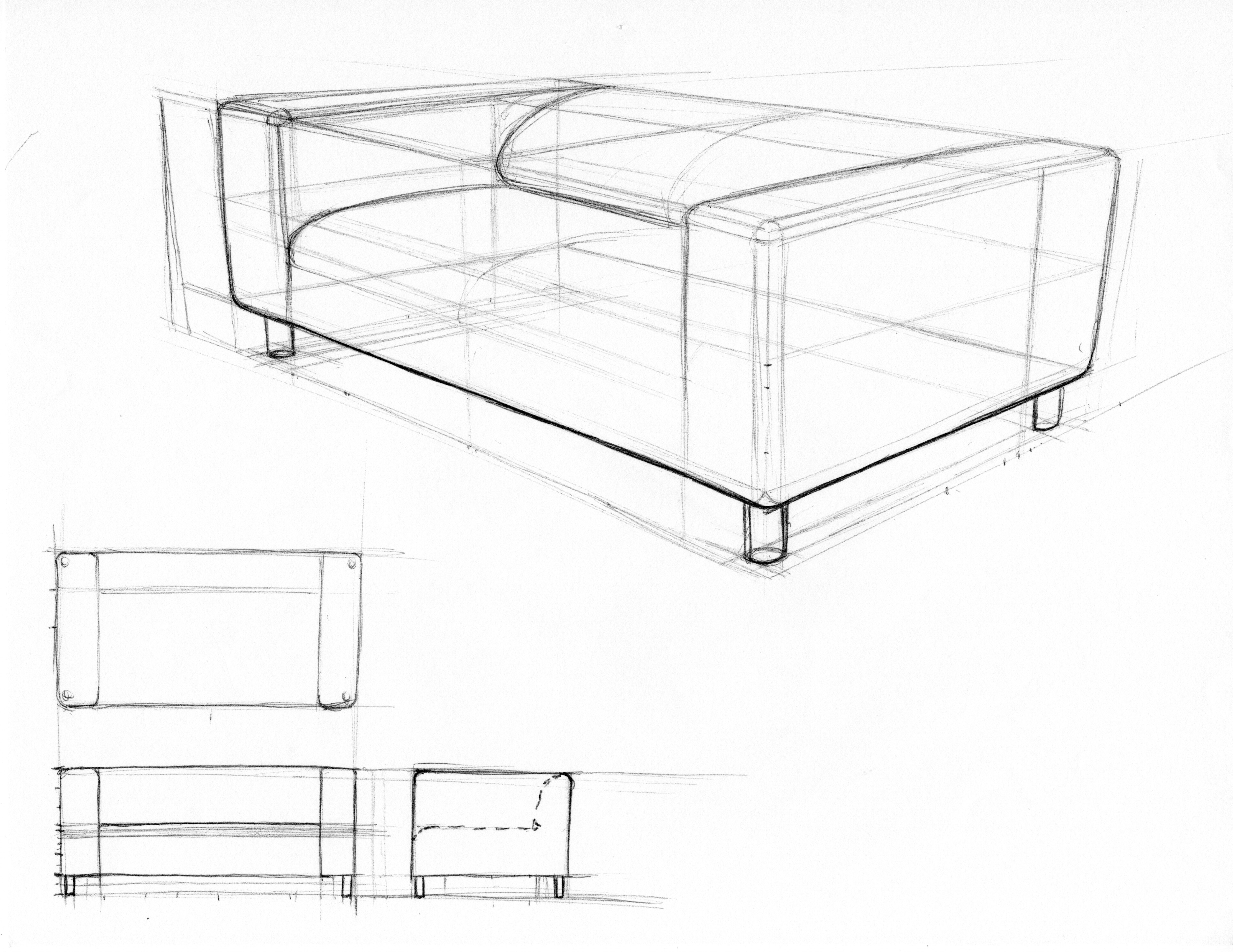 Perspective drawing of a sofa with rounded over edges, curved backrest, and visible sketch lines. Front, side, and top view sketches in bottom left corner.