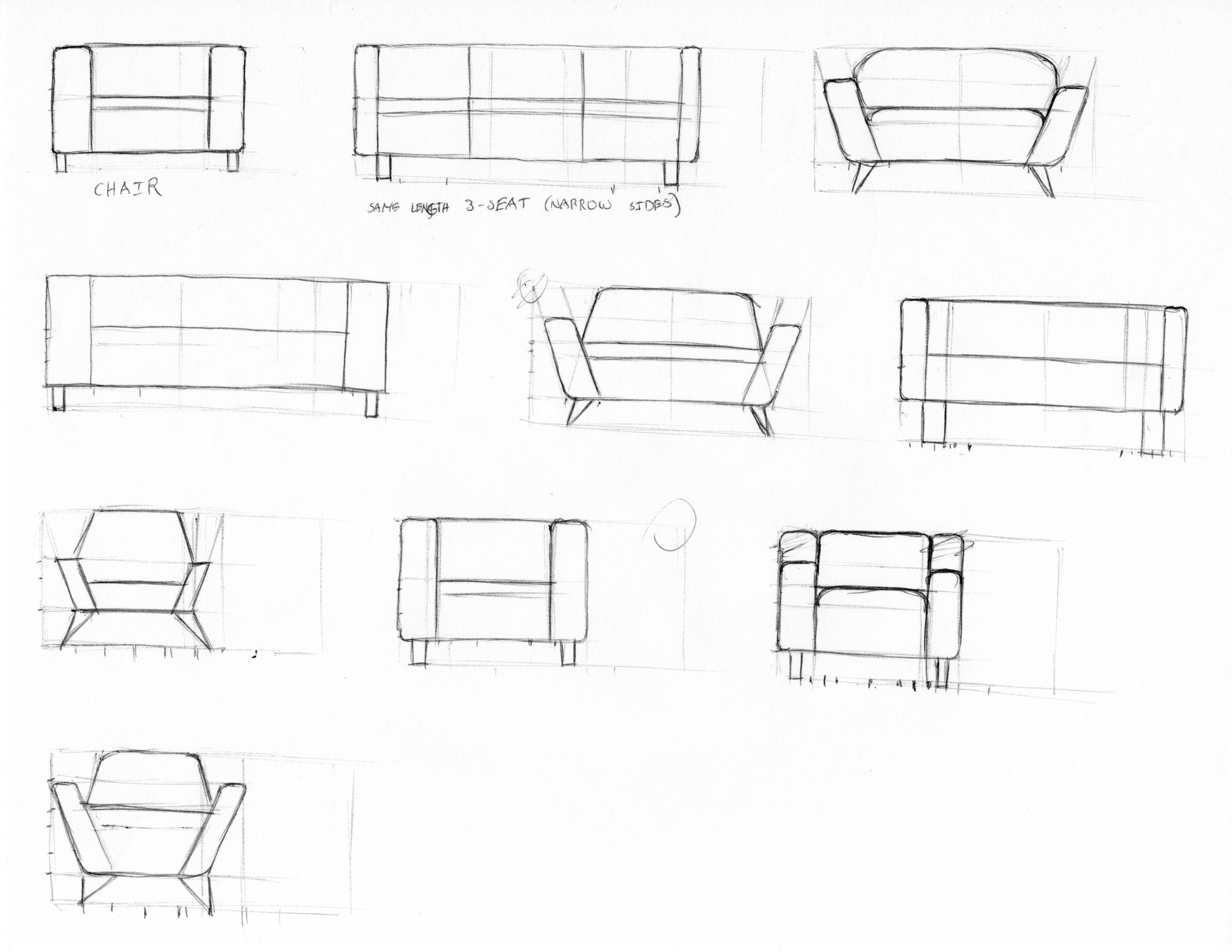 10 front view thumbnail sketches brainstorming sofa/chair designs