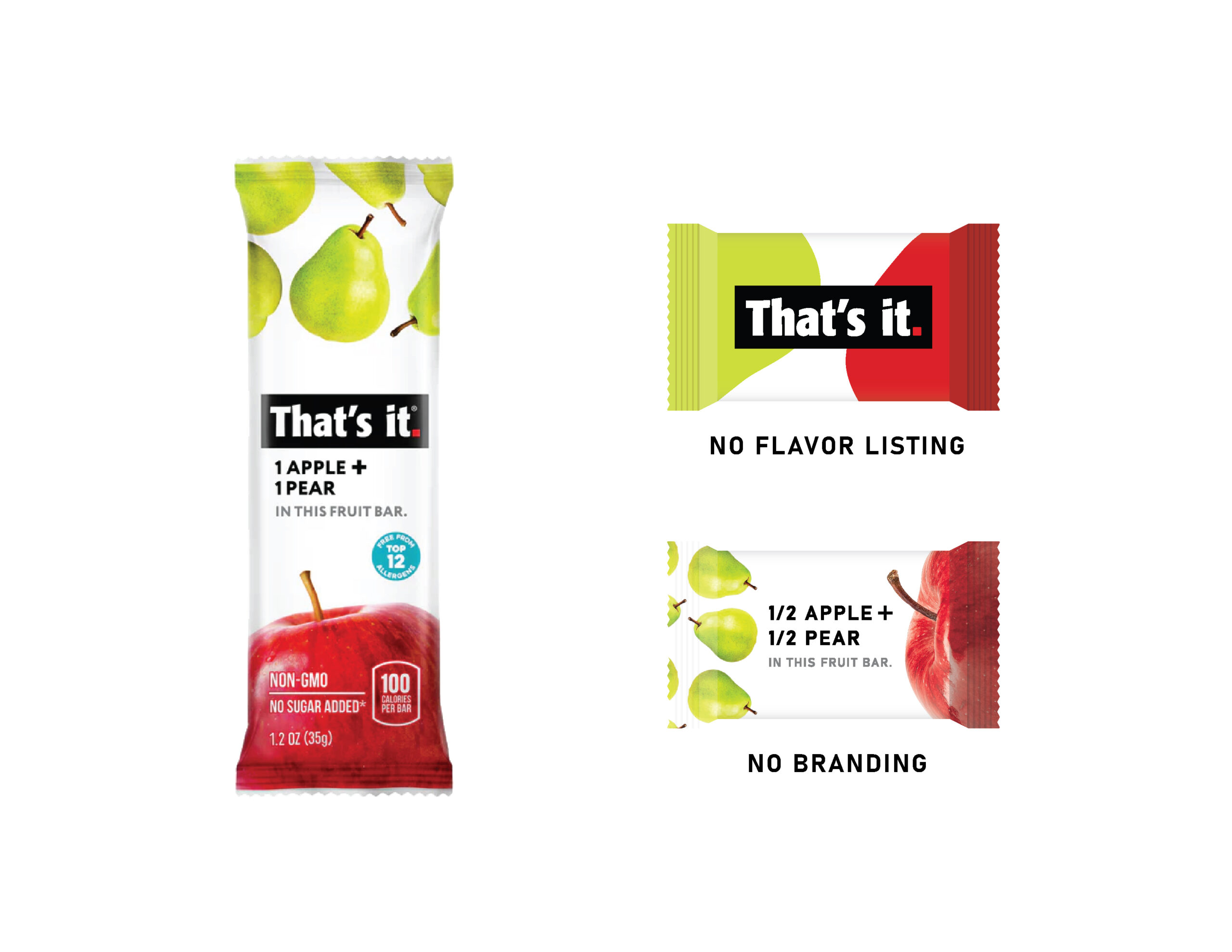 Redesigns of That's It. apple and pear bar as mini bars. Left: original bar with graphic branding, photorealistic green pears, and photorealistic red apple. Top right: redesigned bar with no flavor listing, just graphic branding and green/red blobs representing the flavor. Bottom right: redesigned bar with no branding, just photorealistic pears/apples and flavor listing.