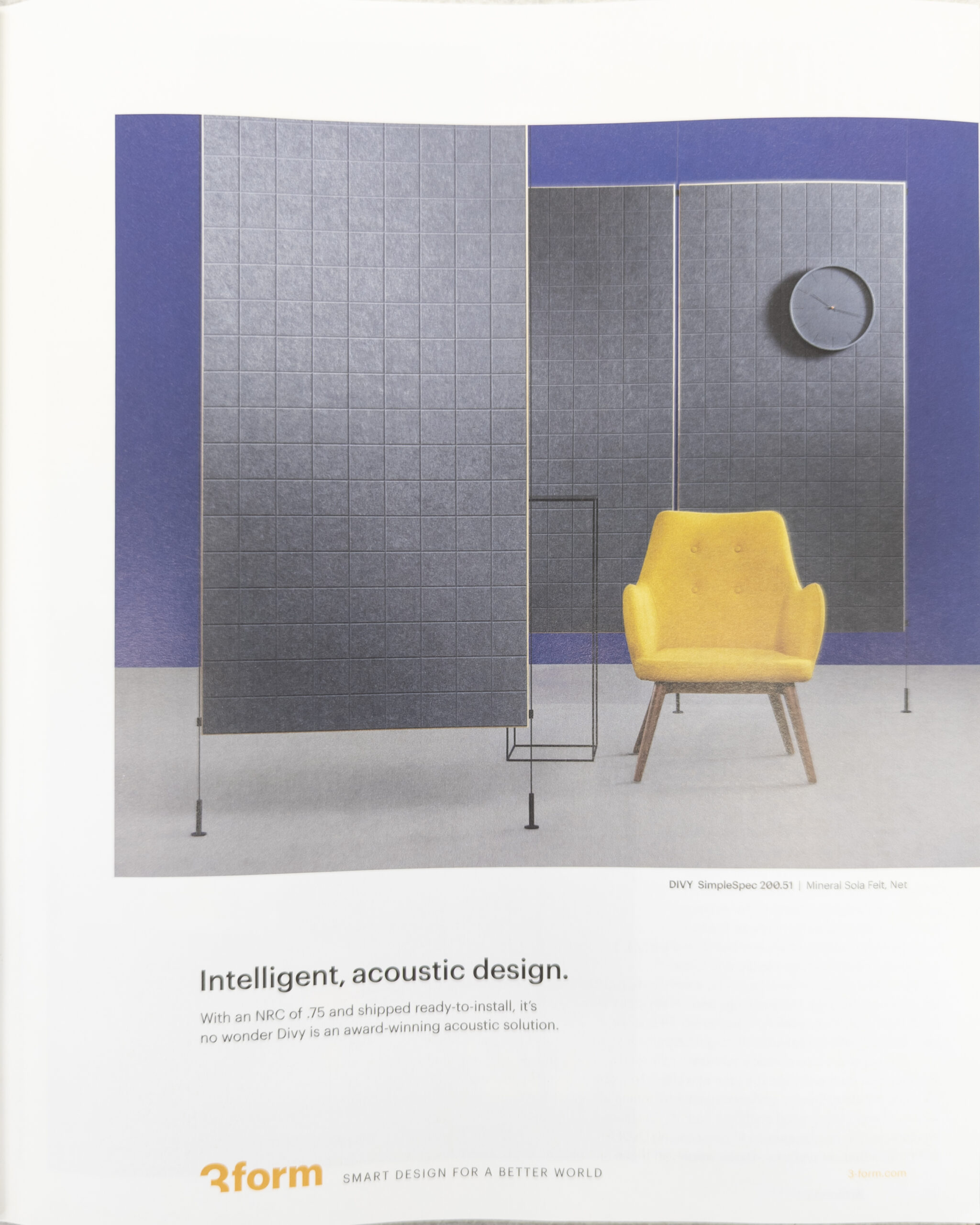 Simple advertisement for 3form acoustic panels with single image of 3 panels and a yellow chair above small block of text. Used as layout reference.