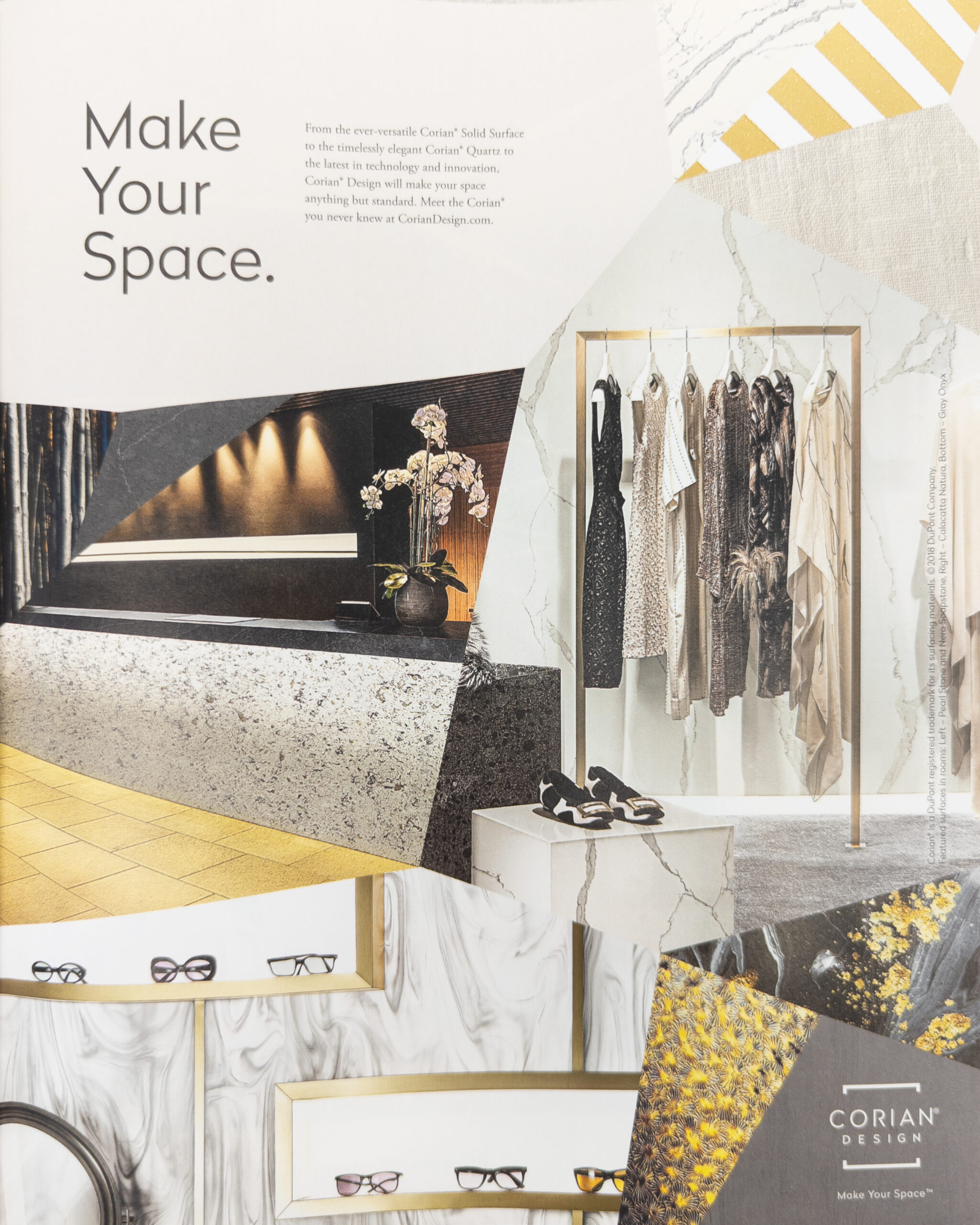 Advertisement for Corian Design made up of triangular images of scenes and materials pieced together to fill the page. Used as layout reference.