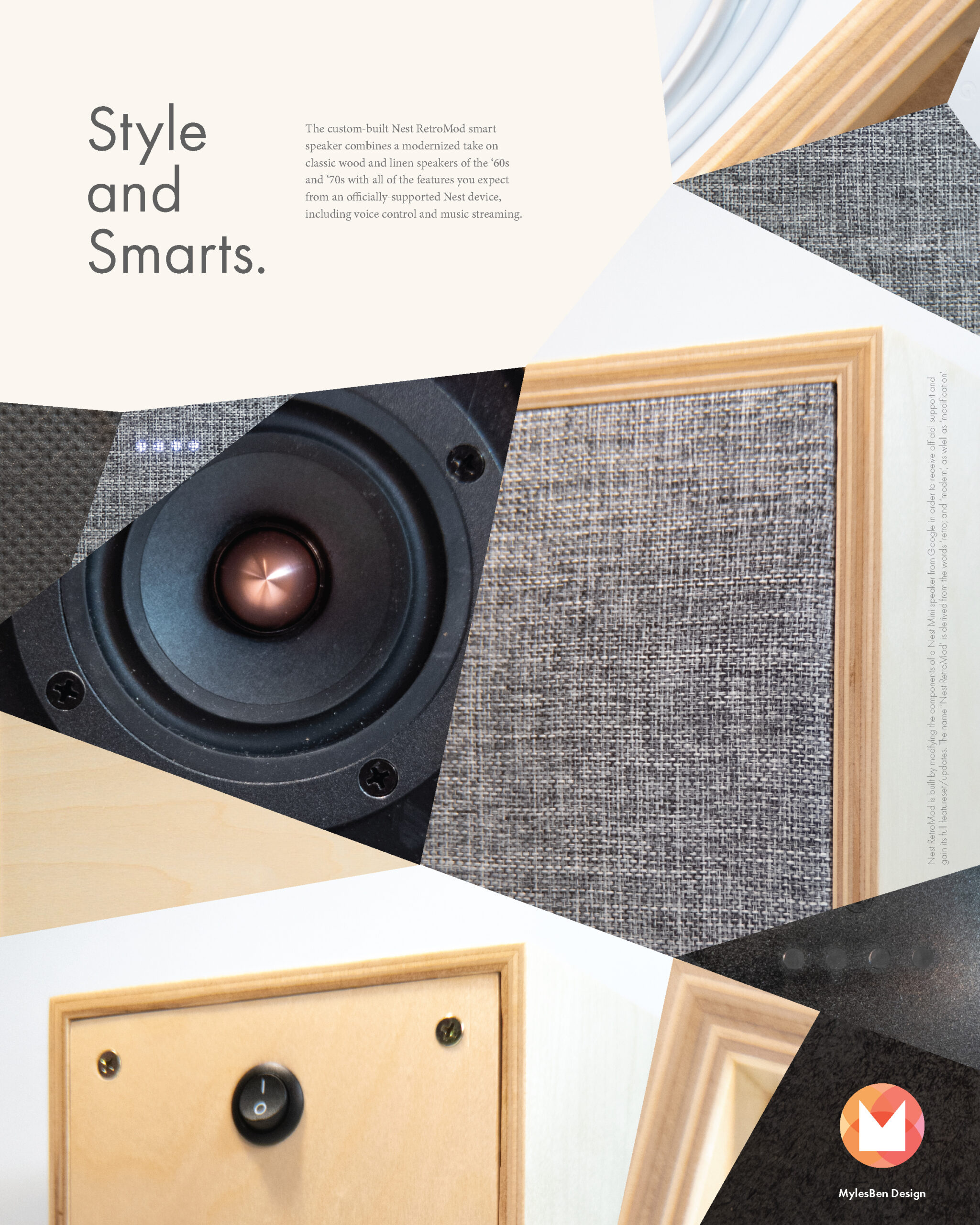 Advertisement for Nest RetroMod speaker made up of triangular images of the speaker and its materials pieced together to fill the page. Layout based on Corian Design advertisement.