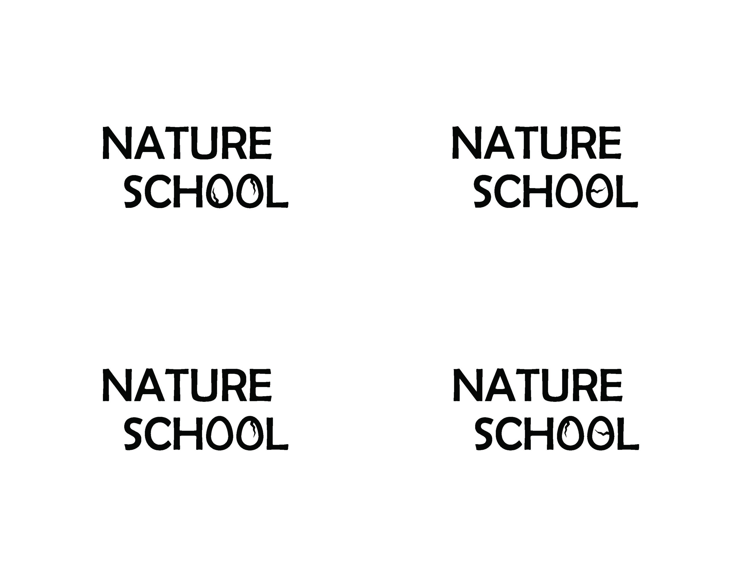 For variants of logos for Nature School based on using eggs as the o's in school. All are NATURE SCHOOL fully capitalized with eggs as o's and different placements of cracks in the eggs.