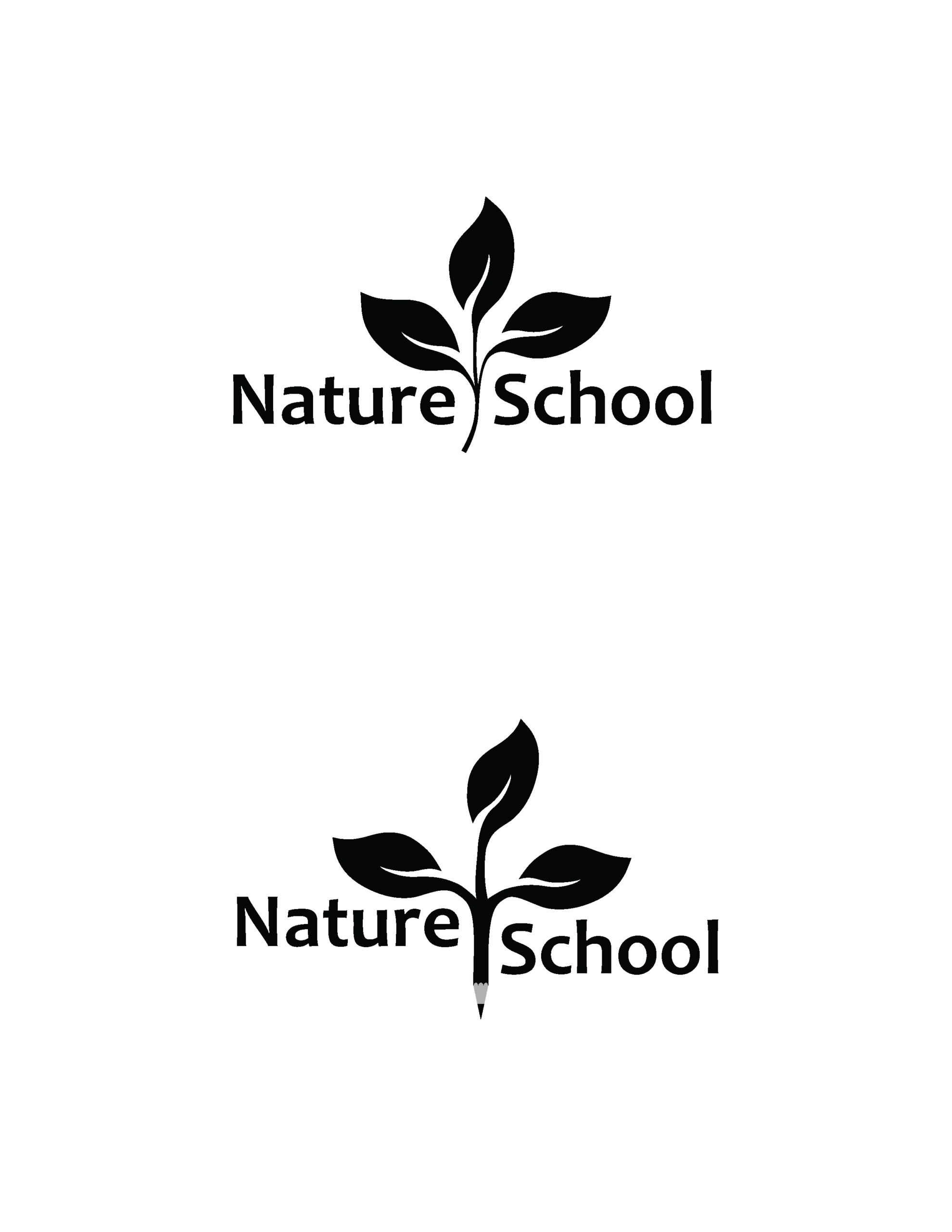 Two logos for Nature School based on a sapling. Top: Nature School text separated by the stem of a branch with 3 leaves extending above the text. Bottom: Nature School text separated by a pencil with 3 leaves extending growing from it above the text.