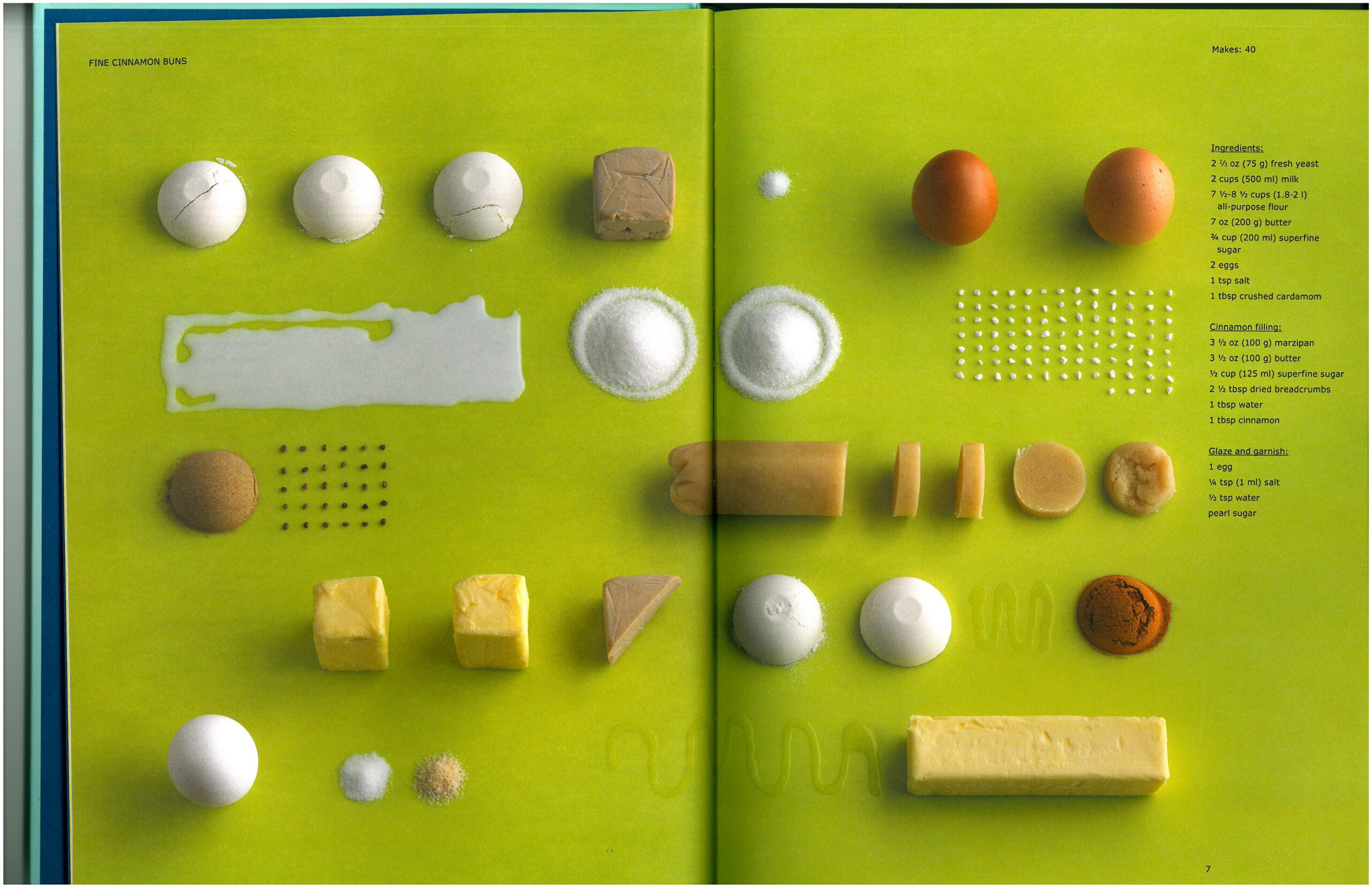 IKEA Fika cookbook used as reference for recipe design. Green background with geometric layout of ingredients. Small ingredient list text on right side.