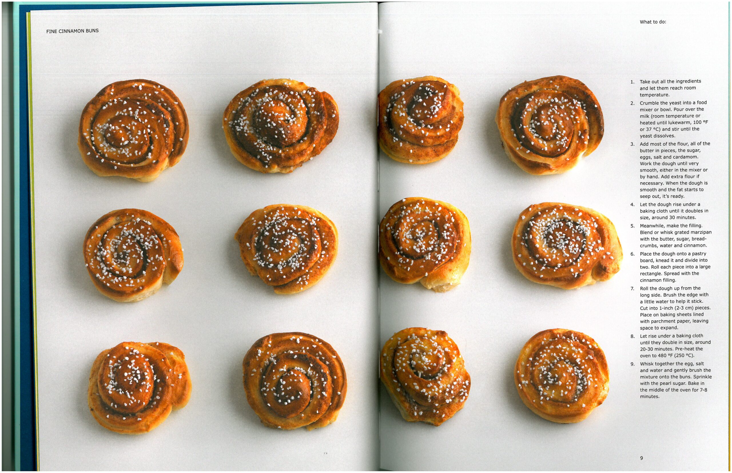 IKEA Fika cookbook used as reference for recipe design. White background with grid of cinnamon buns and recipe text on the right.