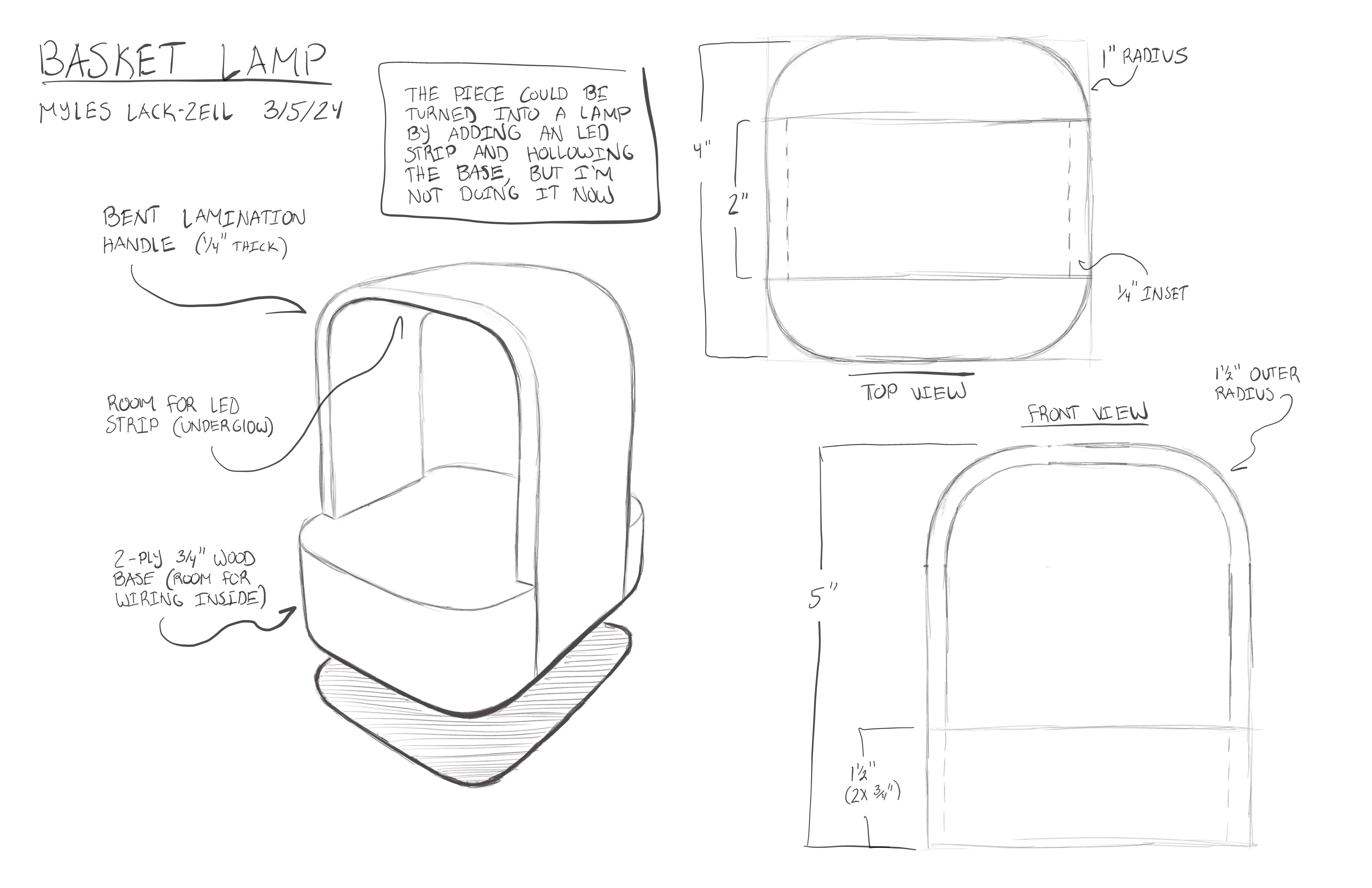 Digital sketch of 'basket lamp', later to become the contour lantern, with 3d view of box with wood handle, 2d top view with dimensions, and 2d front view with dimensions