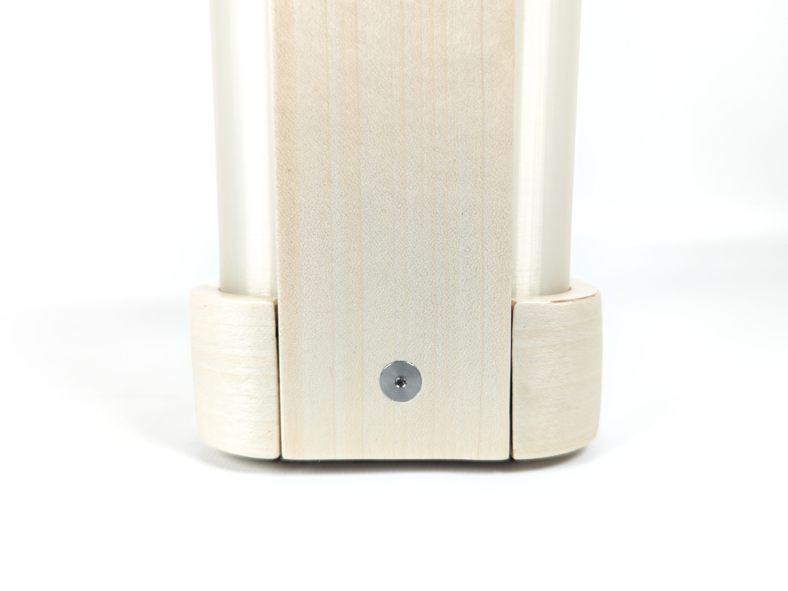 Closeup of stainless steel screw in wood handle on lantern against white background