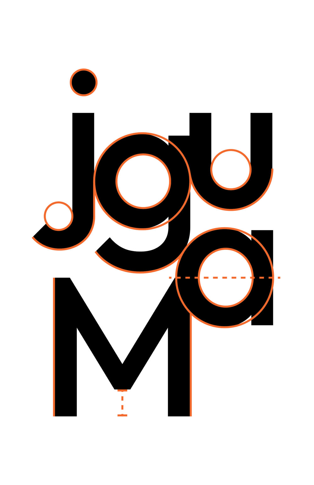 Black lettering with orange outlines accentuating the shape of each character. Reads as jguMa but characters are graphic elements, not text to read.