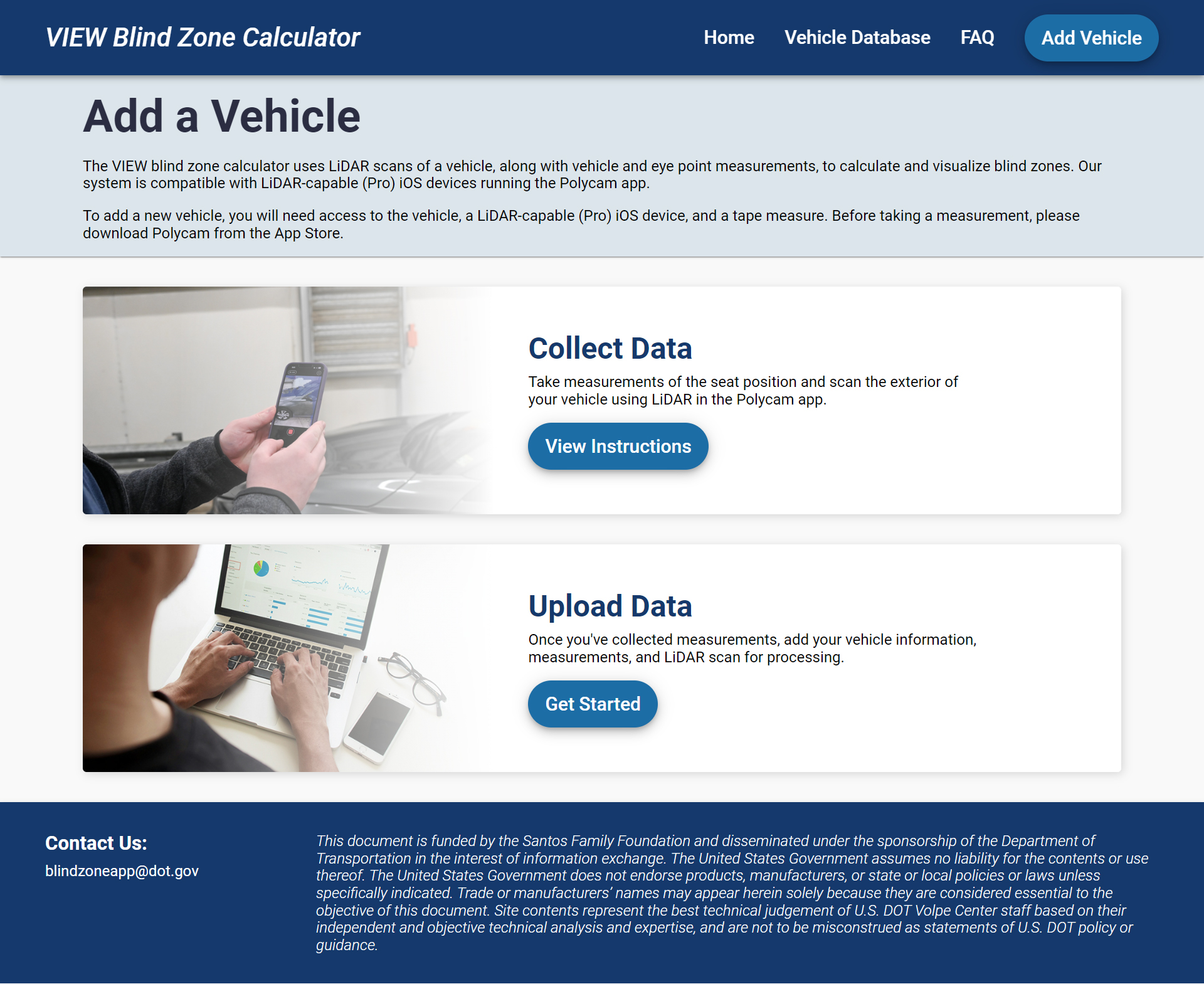 Screenshot of website with dark blue header/footer, light blue 'Add a Vehicle' description section, and two 'cards' with buttons to collect data of upload data.