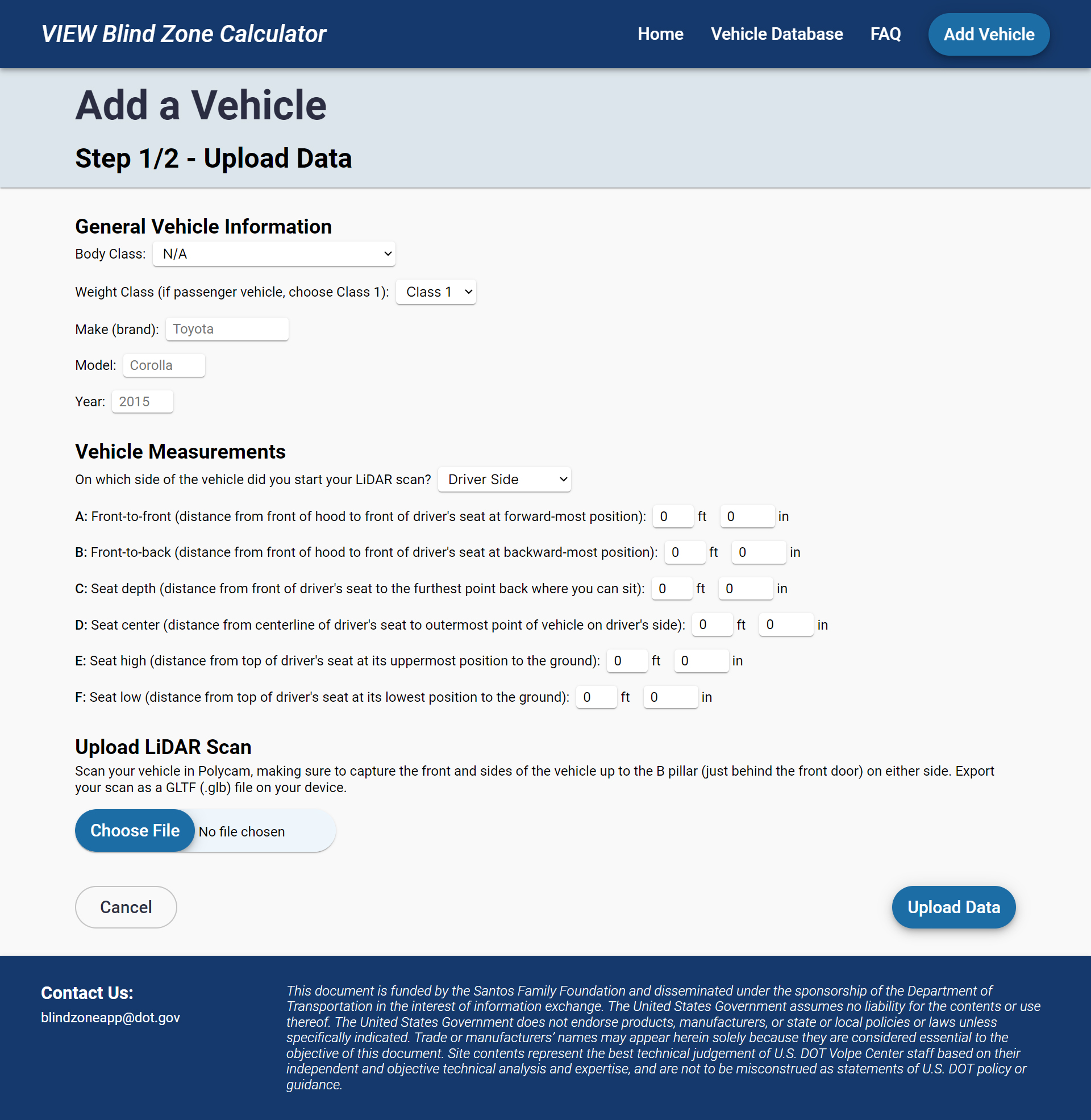 Screenshot of website with dark blue header/footer, light blue 'Add a Vehicle: upload data' heading, and inputs to enter data about a vehicle and measurement of it.