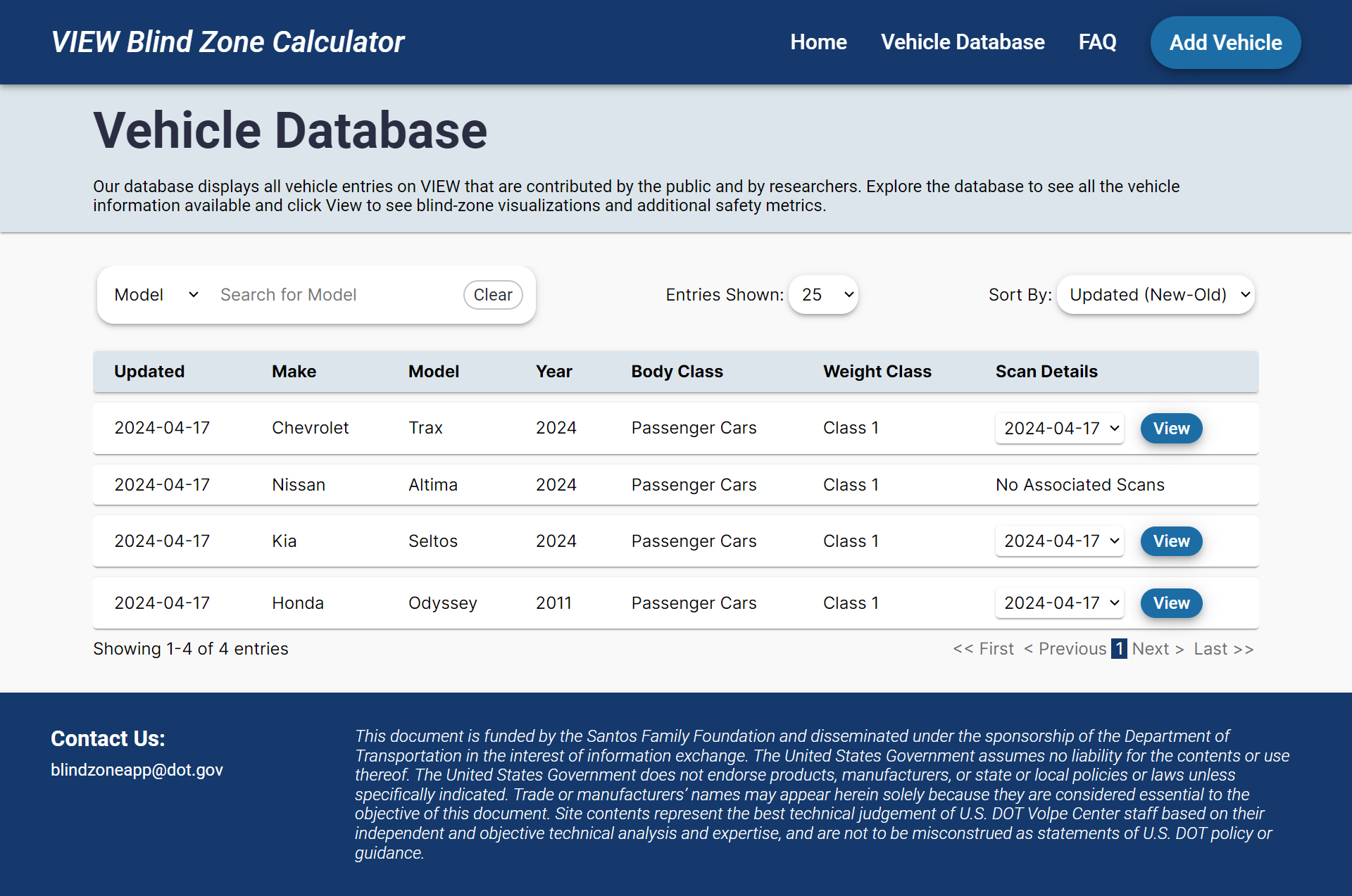 Screenshot of website with dark blue header/footer, light blue 'Vehicle Database' description section, and a table of selectable vehicle information.