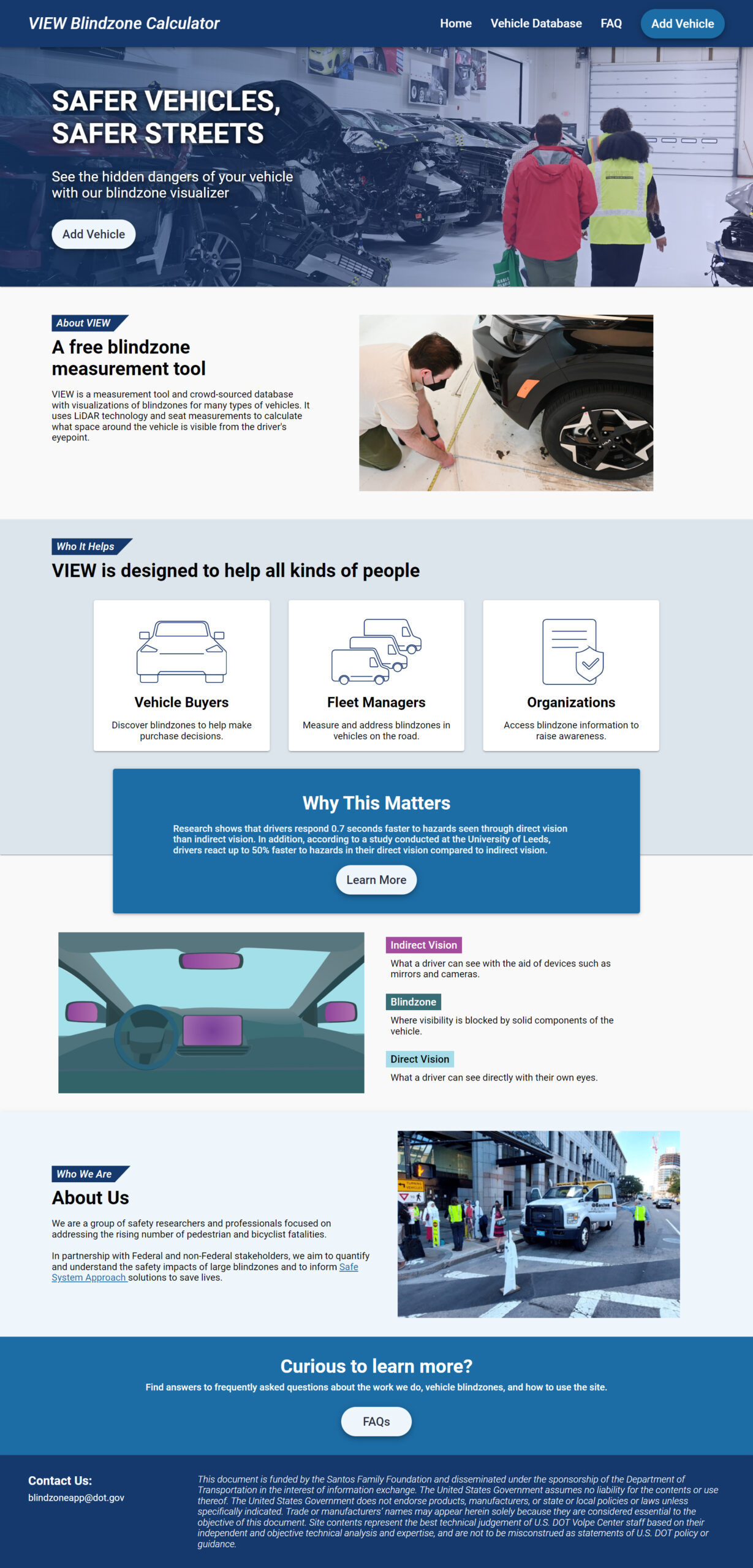 Screenshot of website with dark blue header/footer, 'Safer Vehicles, Safer Streets hero section with photo of people walking between a lineup of crashed cars, and blue/white sections outlining what the VIEW blindzone calculator is and how it is used.