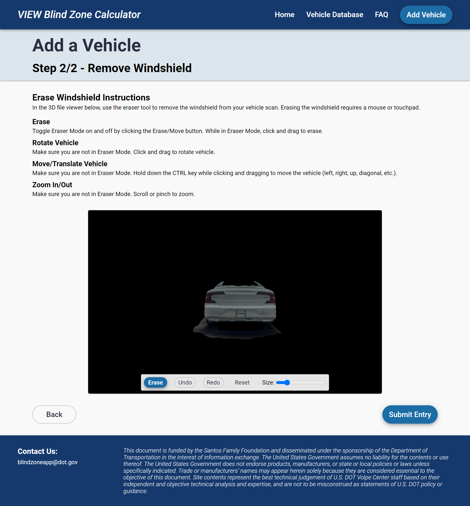 Screenshot of website with dark blue header/footer, light blue 'Add a Vehicle: remove windshield' heading section, a list of written instructions for using an online modeling tool, and a black viewport with a 3d model of a car with a model editing toolbar below.